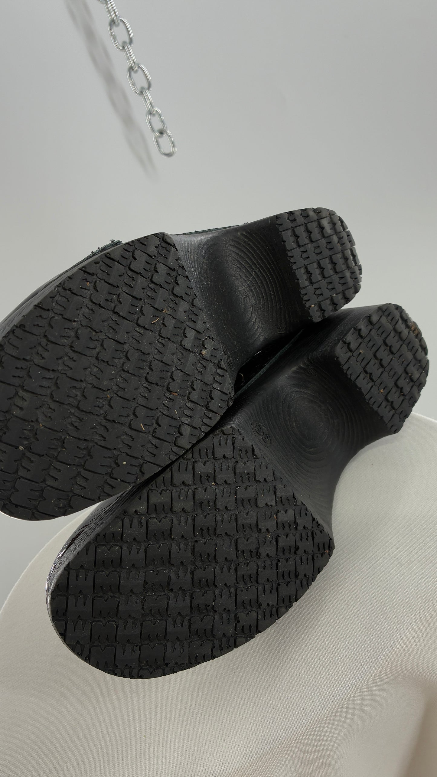 Vintage 1970s TROENTORPS Black Patent Leather Clogs with Ribbon Tie Detail (38)