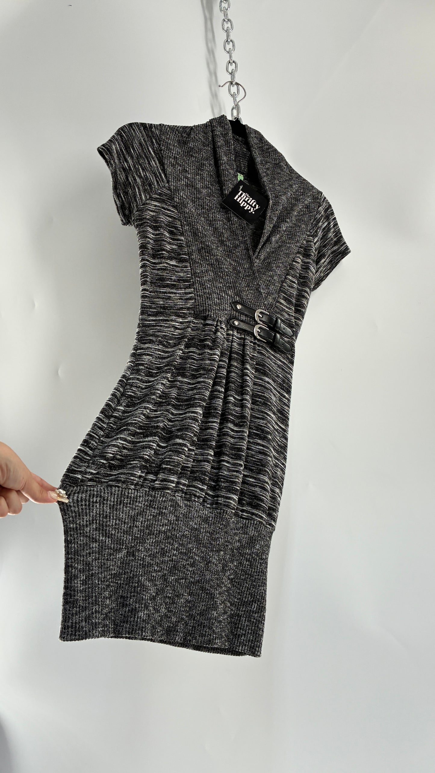 Vintage BELLA Knit Grey and Black Knit Bubble Hem Mini Dress with Under Bust Buckles (Small)