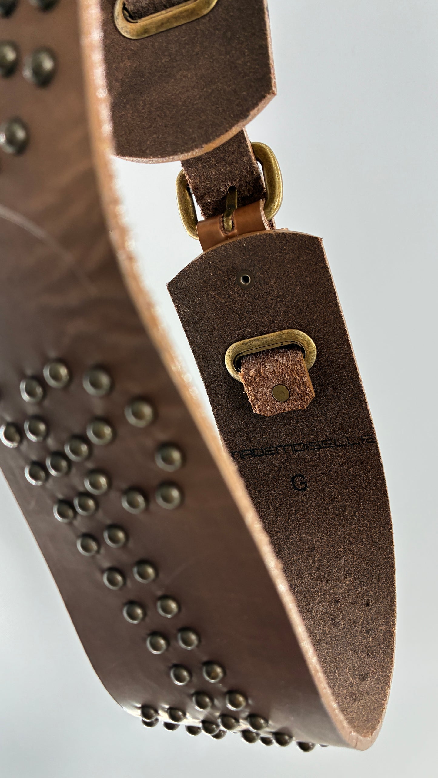Vintage MADEMOISELLE Bronze Leather Thick Belt with Studded Rhinestone Details (L)