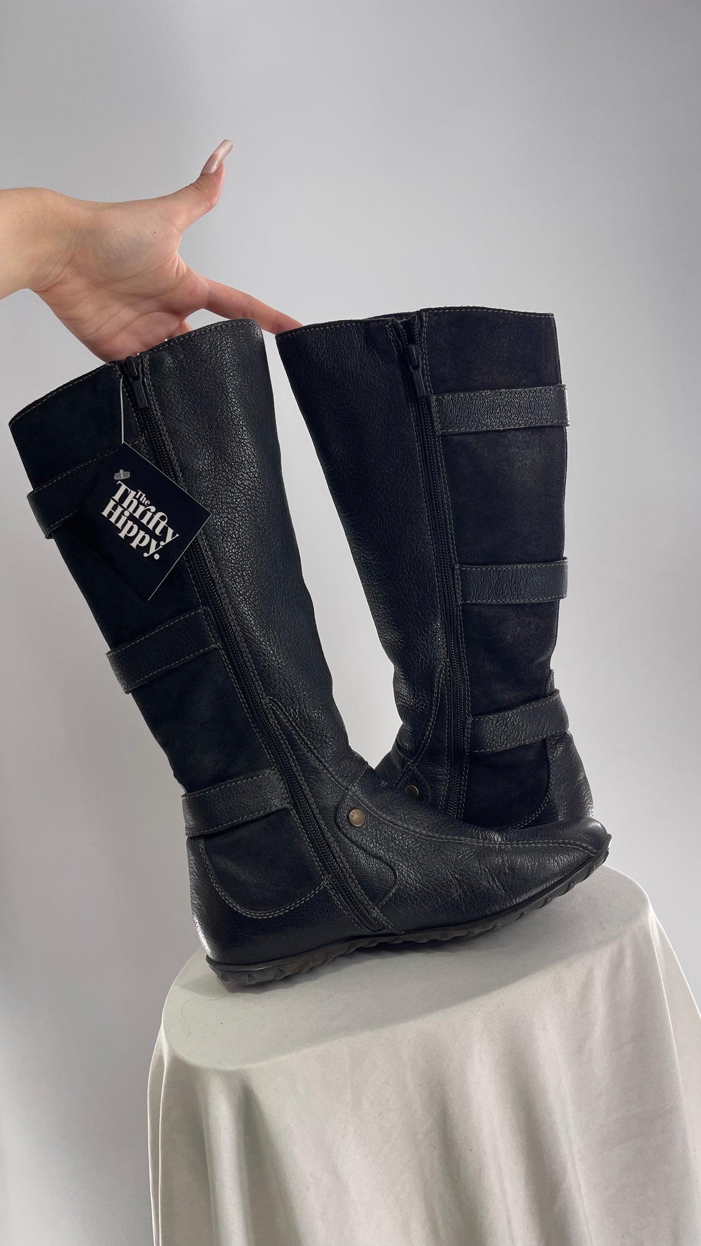 GEOX Black Leather Buckle Knee High Boots