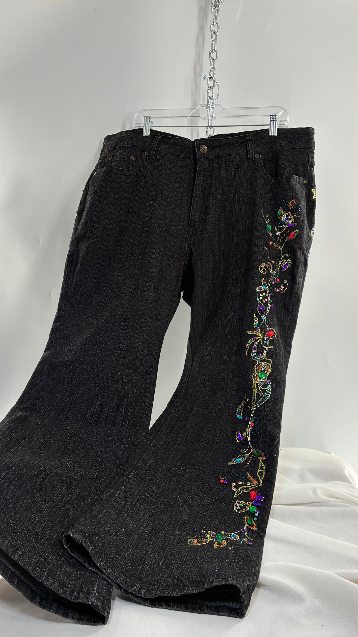 Vintage Grainy Black Denim with Hip to Hem Gemstones and Embroidery (22W)