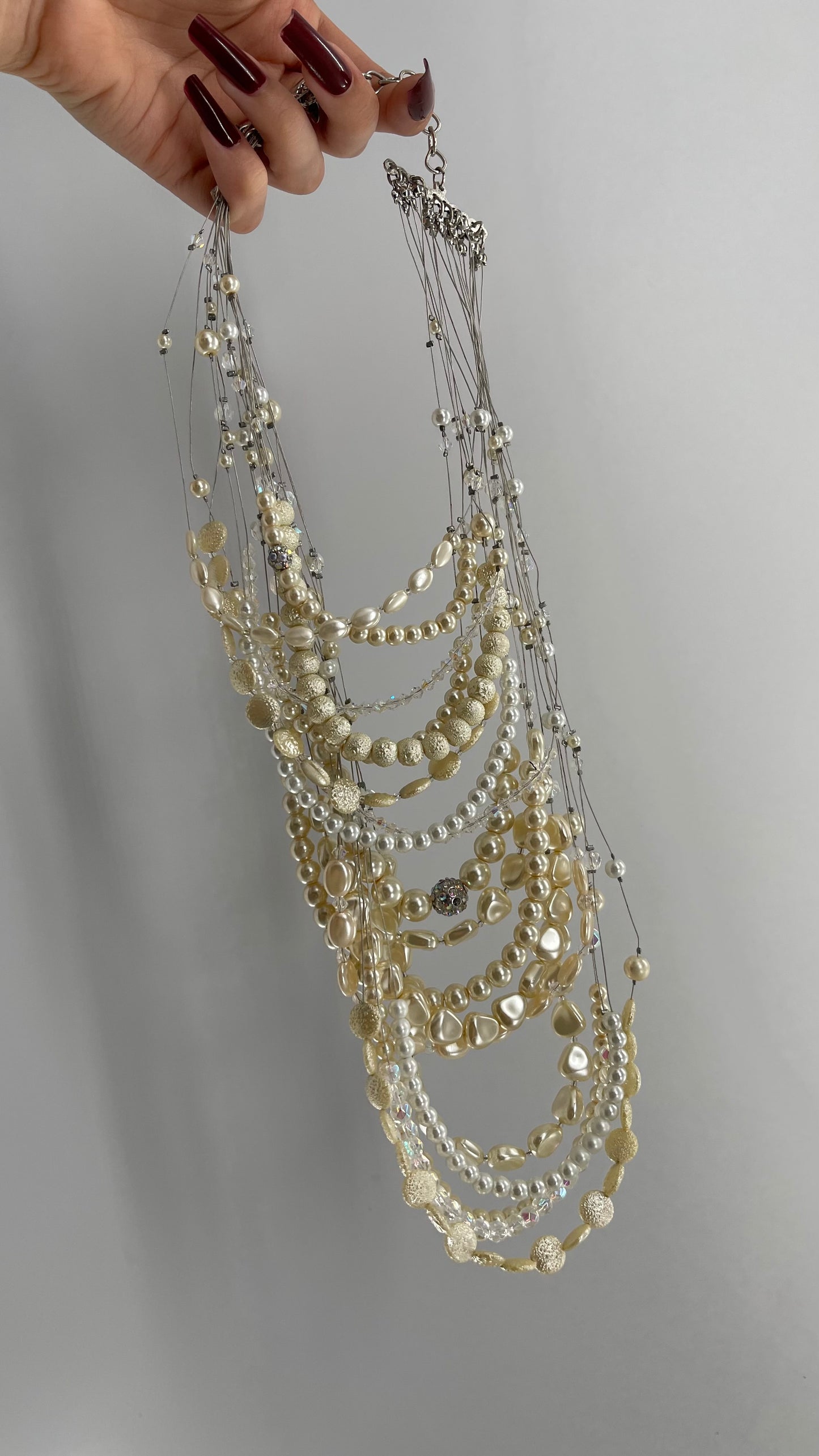 Vintage Handmade Exaggerated Multi Layer Pearl, Beaded Statement Necklace for Plunging Necklines