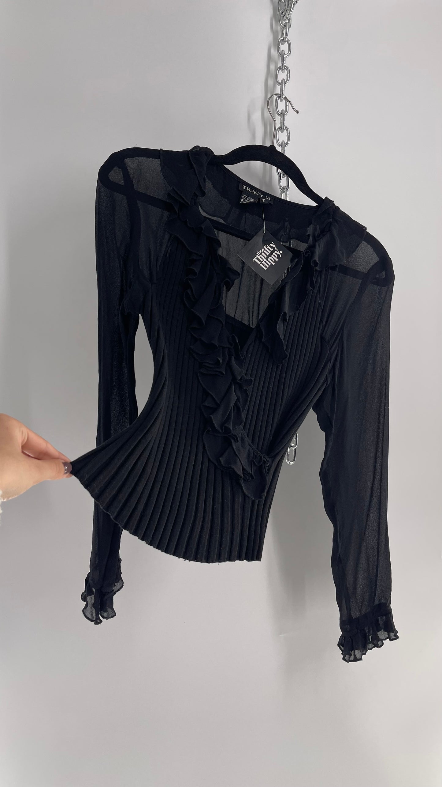 Vintage Tracy M Black Ribbed Blouse with Ruffles and Sheer Sleeves (L)