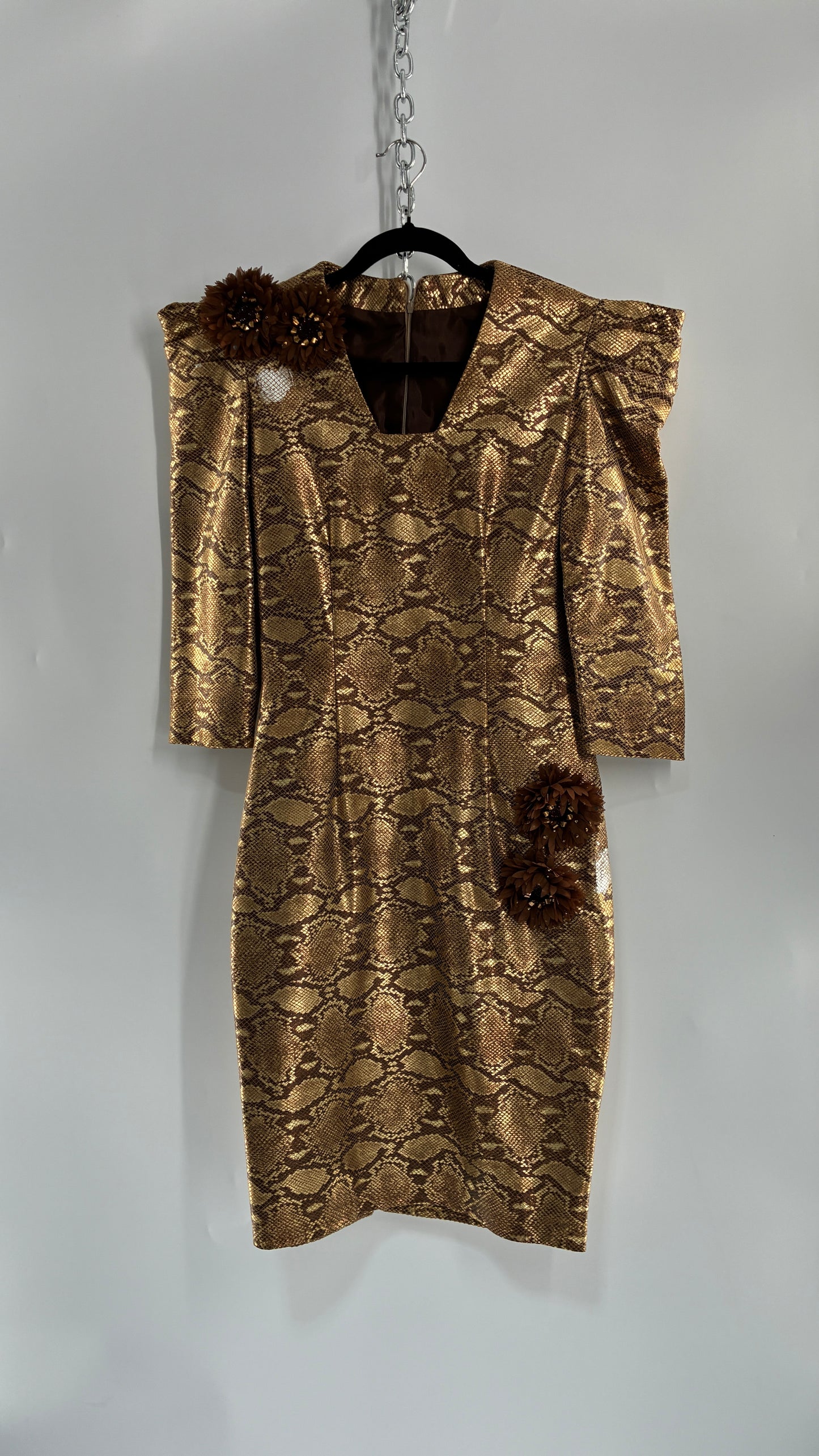 Vintage 1980s Handmade Genuine Leather Snakeskin Bronze Midi Dress with Floral Appliqués (Medium, See Measurements)