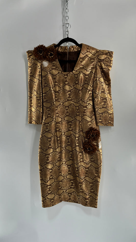 Vintage 1980s Handmade Genuine Leather Snakeskin Bronze Midi Dress with Floral Appliqués (Medium, See Measurements)