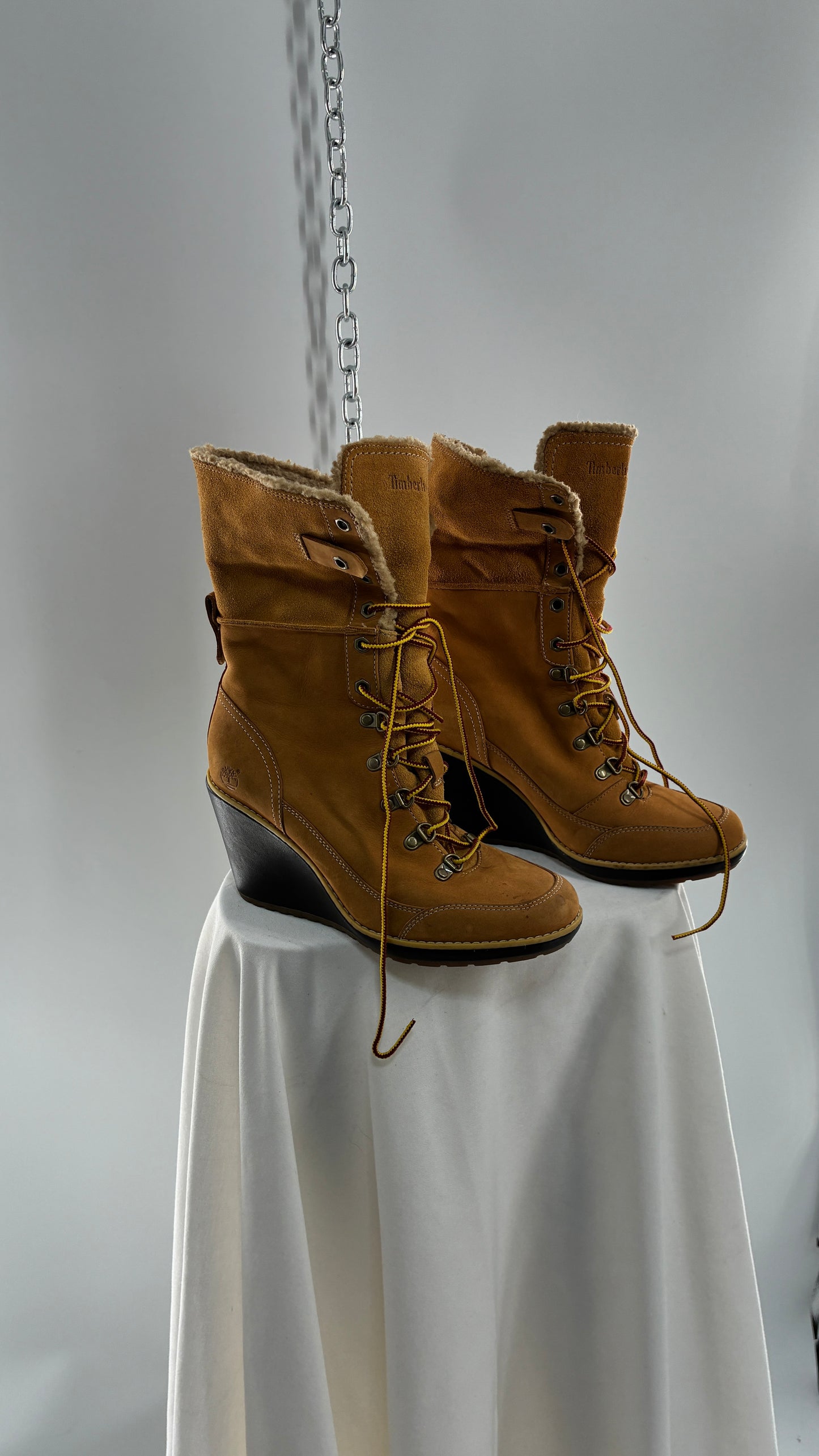 Vintage TIMBERLAND Wedge Boots Suede Leather Tie Up Heels (7.5)