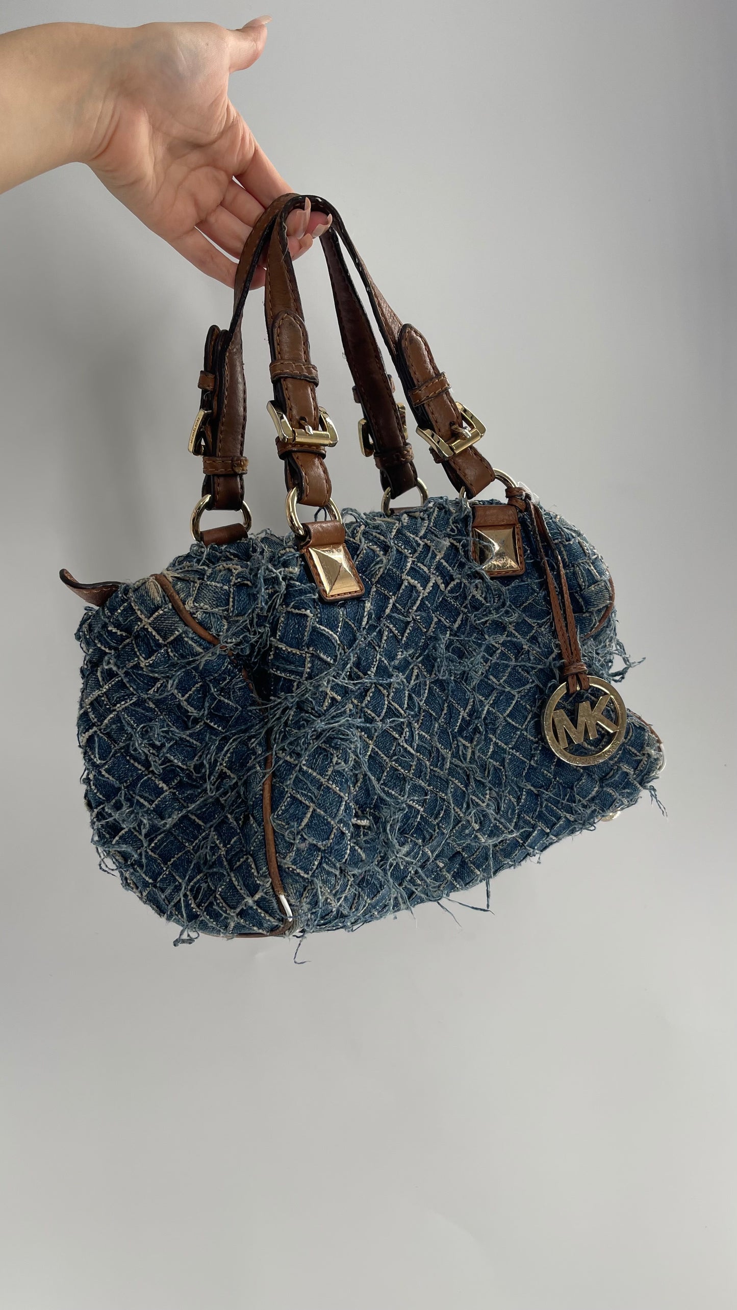 Vintage Michael Kors Woven Distressed Denim Bag with Leather Straps and Gold Hardware