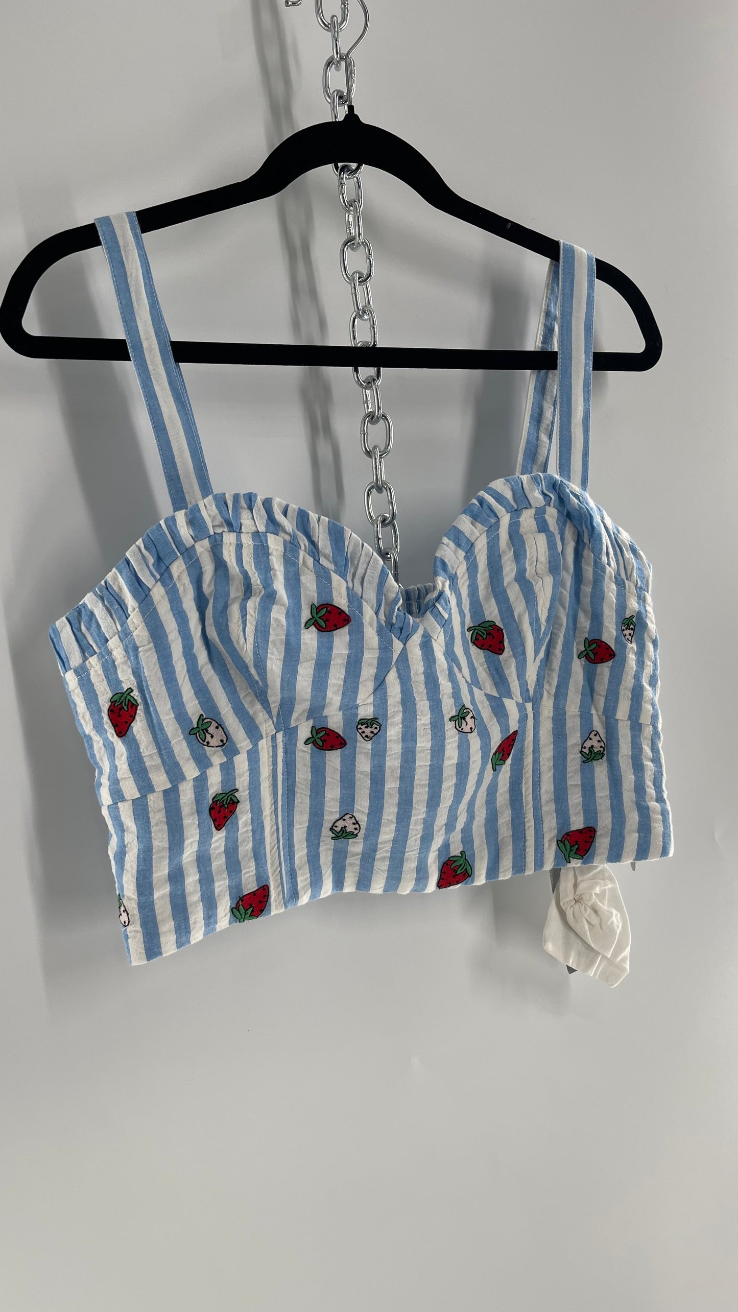 Maeve Anthropologie Baby Blue White Striped Corset Like Crop with Embroidered Strawberries with Tags Attached (12)