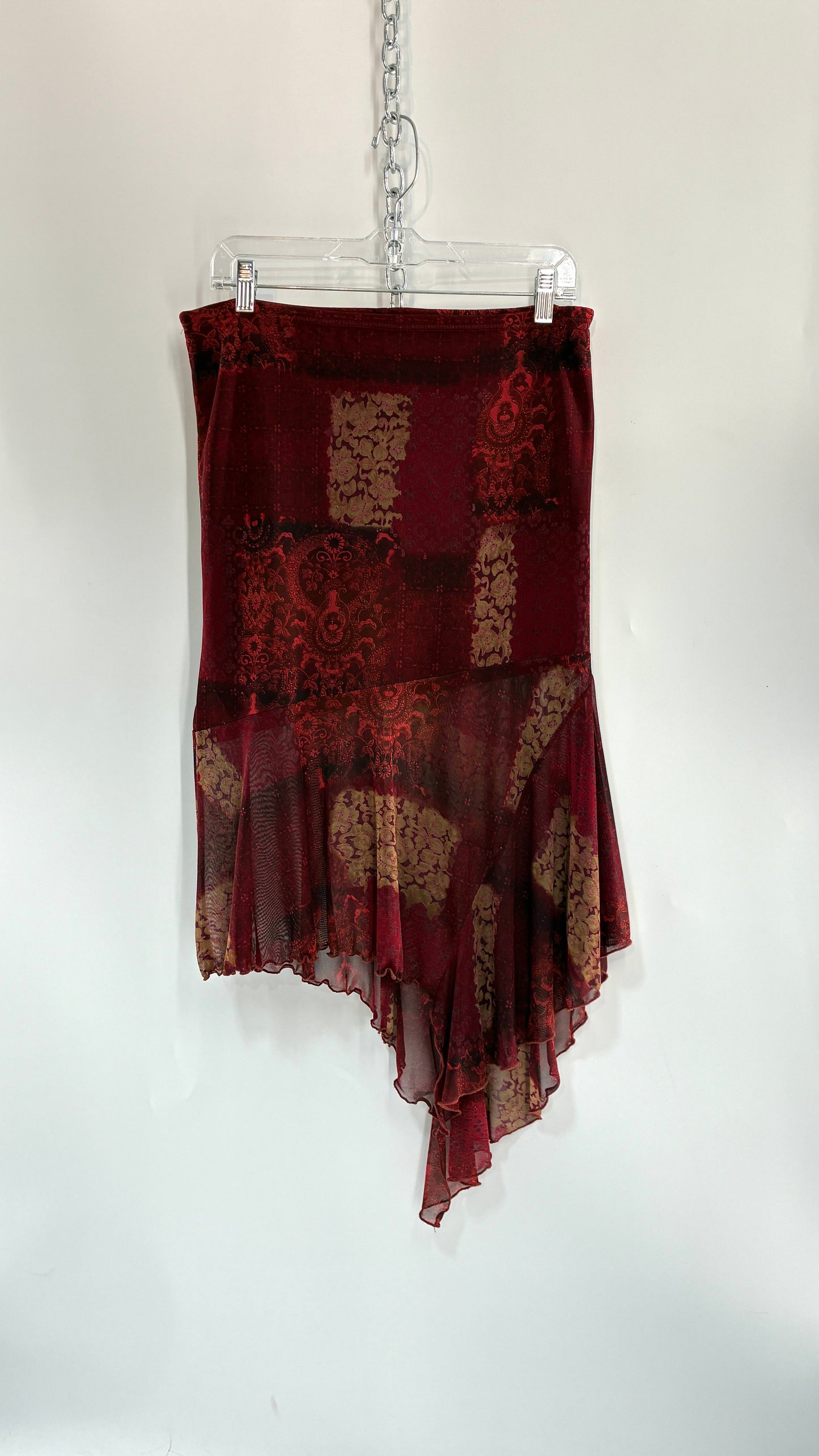 Vintage WET SEAL Maroon Graphic Handkerchief Hem Skirt (Small)