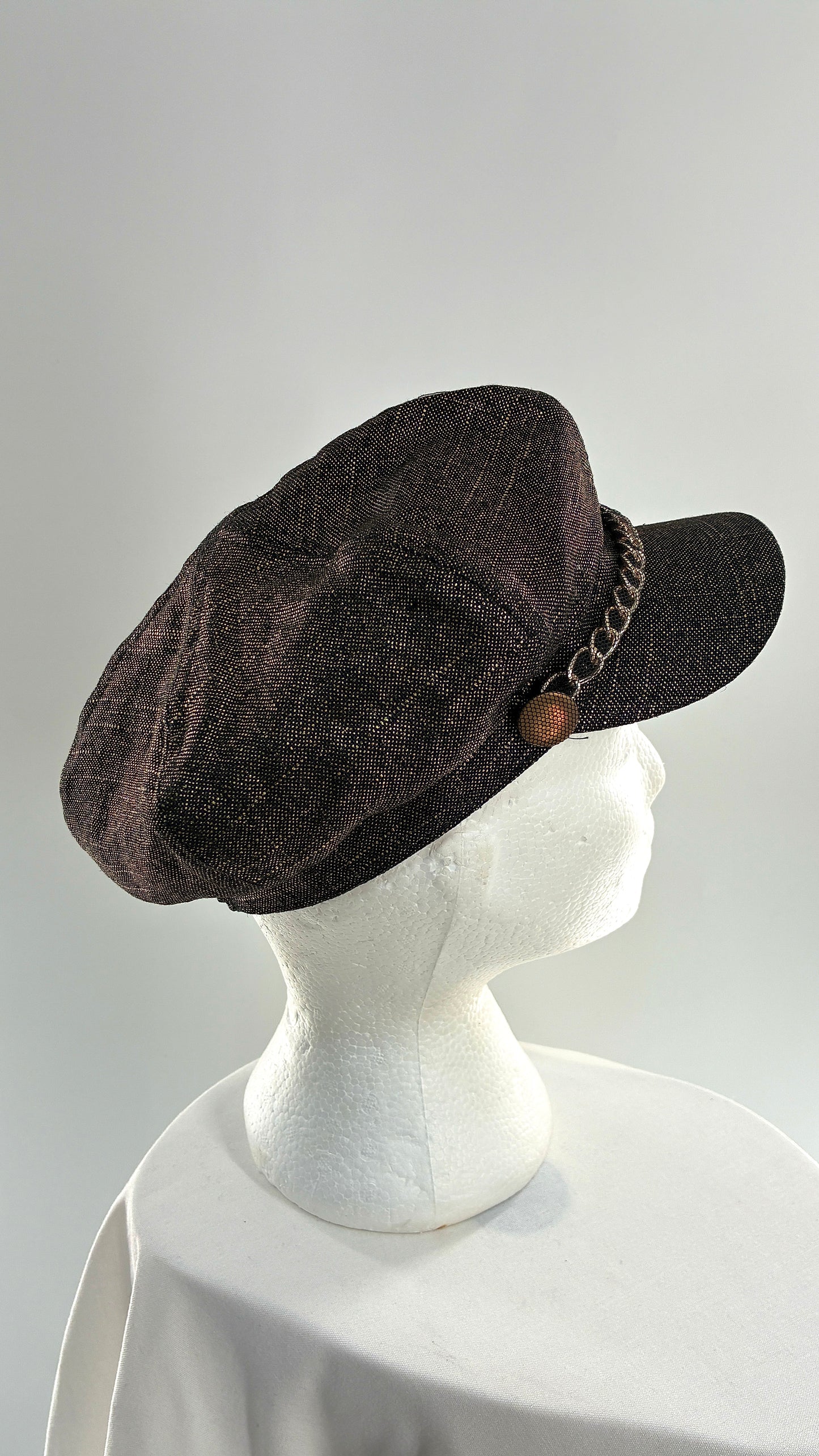 Vintage BADGLEY MISCHKA Metallic Bronze Newsboy Cap with Chain Detail