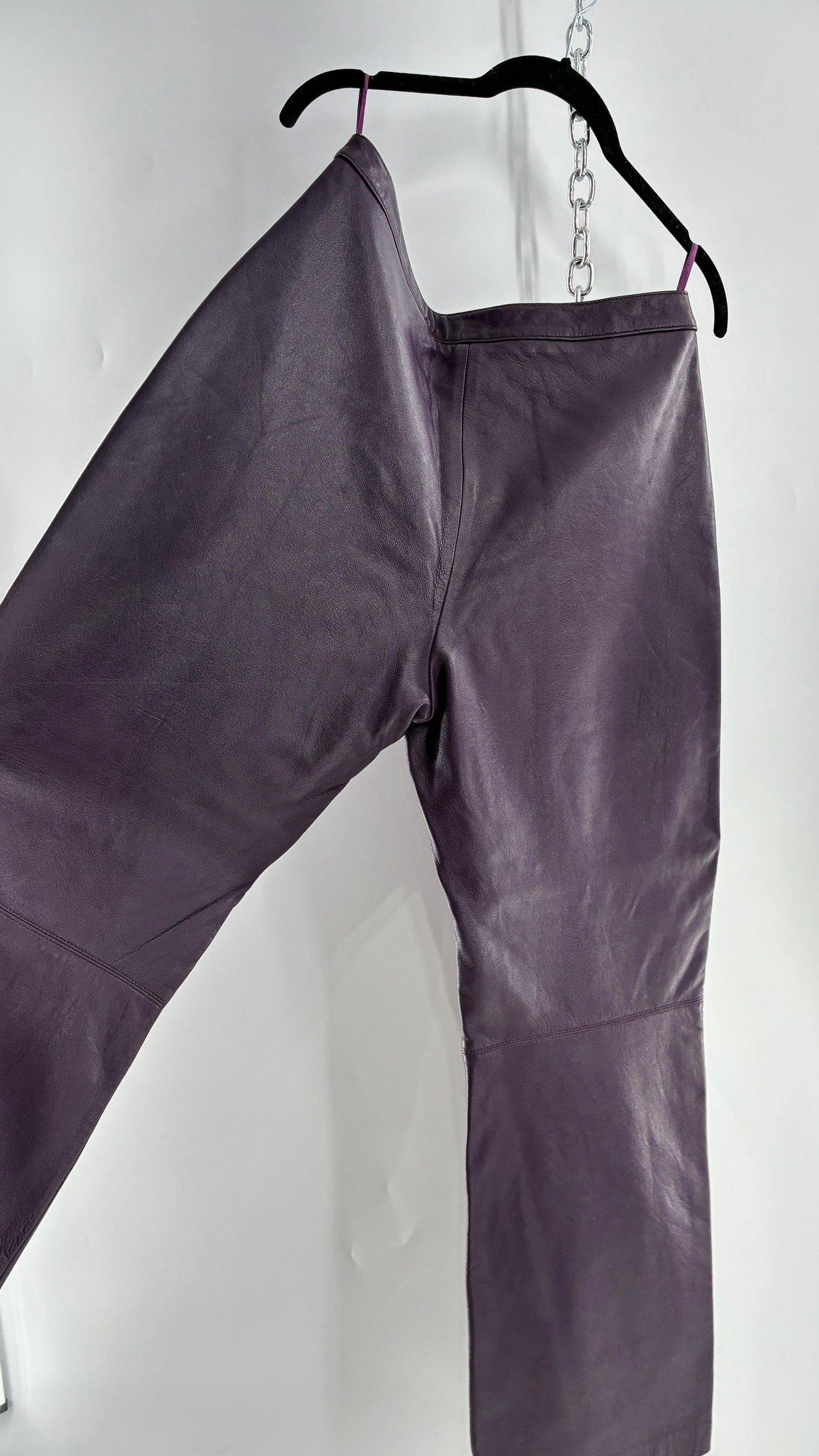 Vintage SHIN CHOI Genuine Italian Leather Purple Side Closure Low Rise Pants (12)