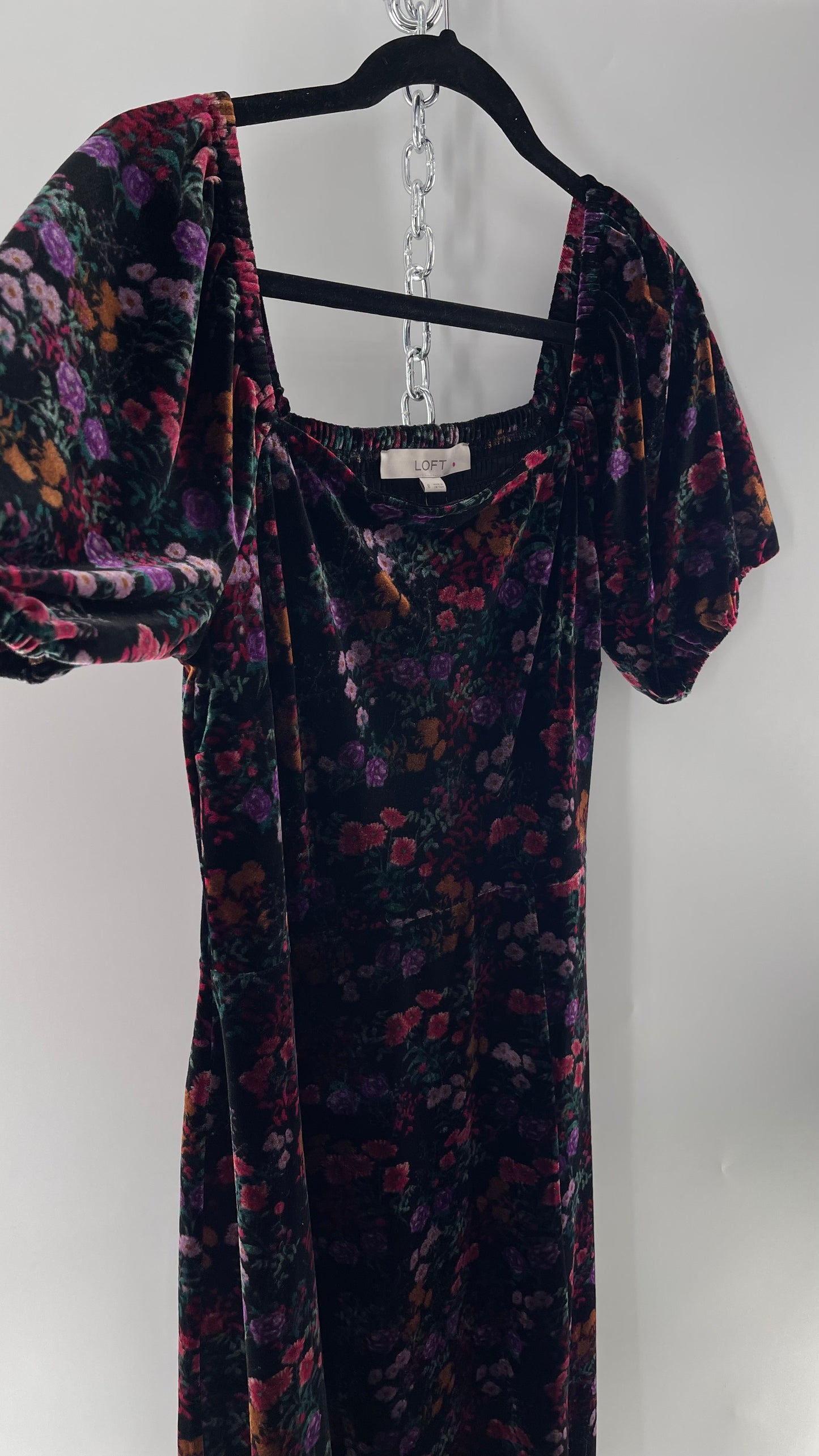 LOFT Velvet Dark Floral Full Length Dress with Puff Sleeves and Smocked Back with Tags Attached  (8)