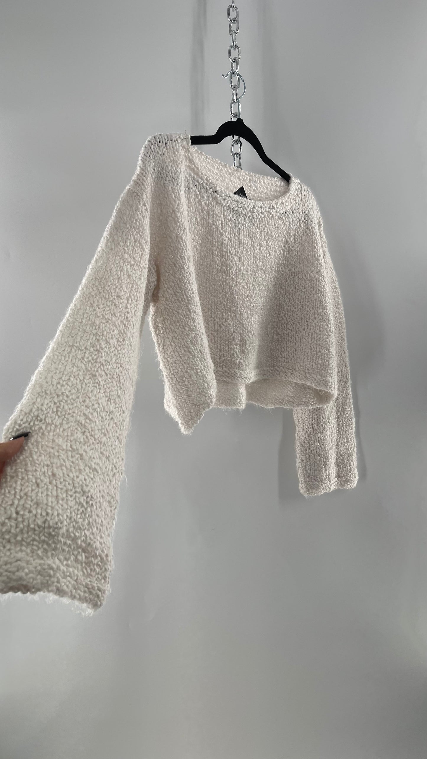 White Slouchy Comfy + Cozy Knit Cropped Sweater (M)