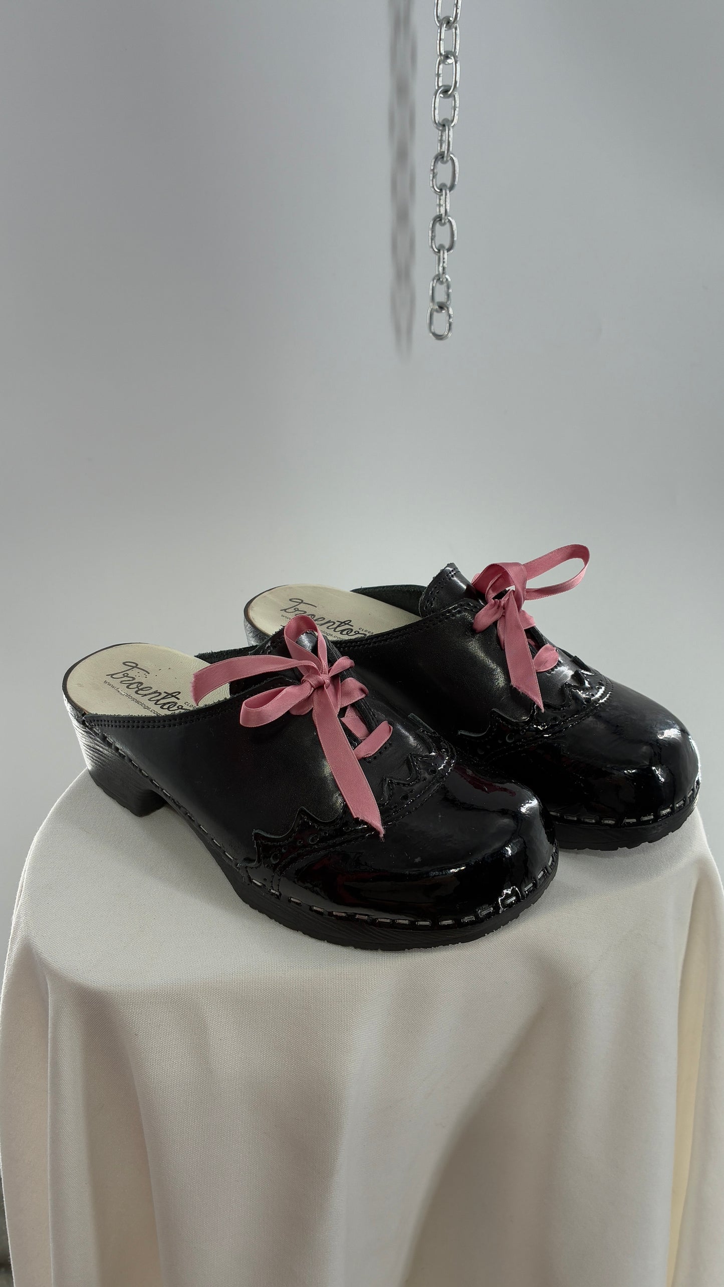 Vintage 1970s TROENTORPS Black Patent Leather Clogs with Ribbon Tie Detail (38)