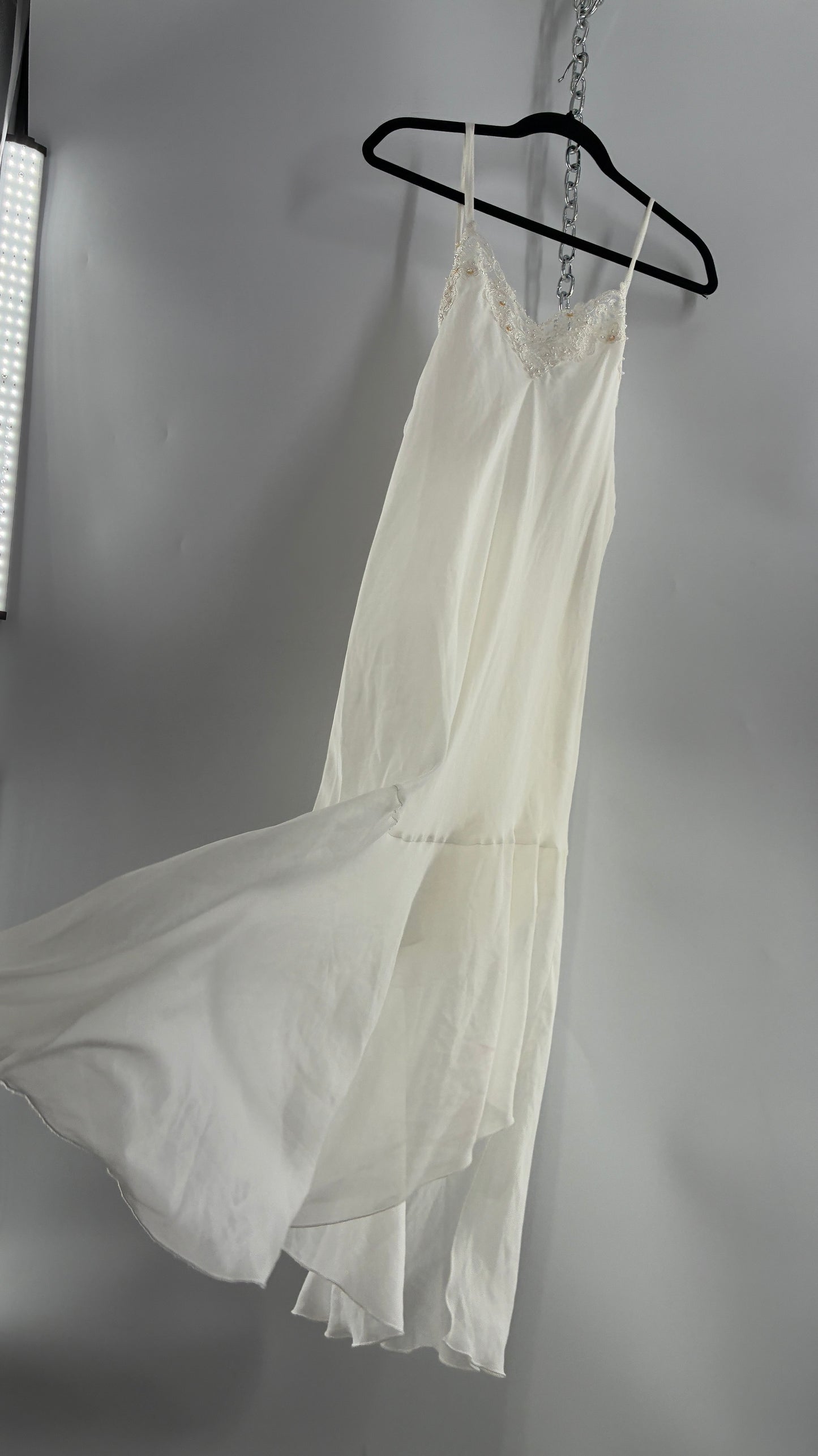 Vintage CALIFORNIA DYNASTY Ivory Maxi Slip Nightgown Dress with Sequin Neckline and Handkerchief Hem (Large)