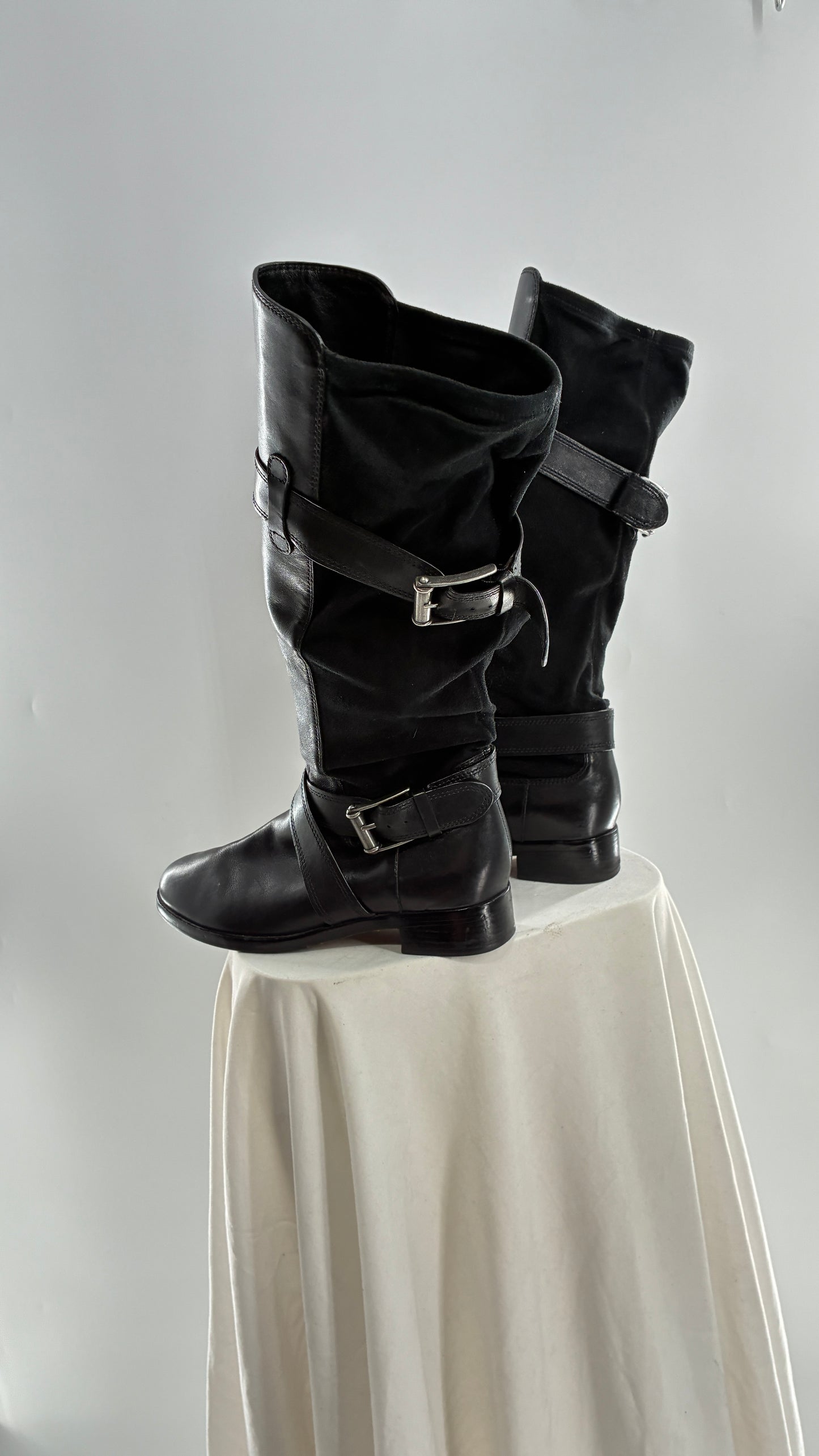 Vintage Cole Haan Black Leather Knee High Boots with Buckle Detailing (7.5)