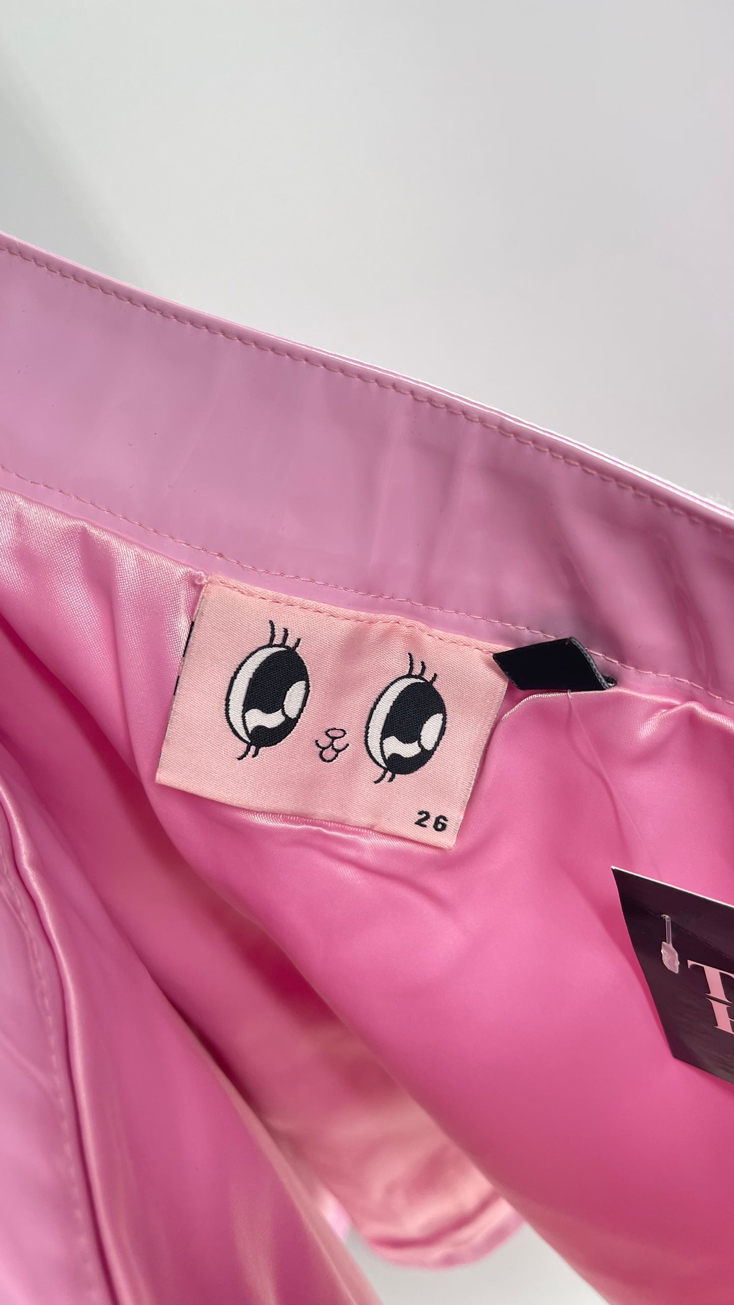 Lazy Oaf X Esther Bunny Pink Zip Front Mini Skirt with Smoking Bunny Embroidered Patches (26)