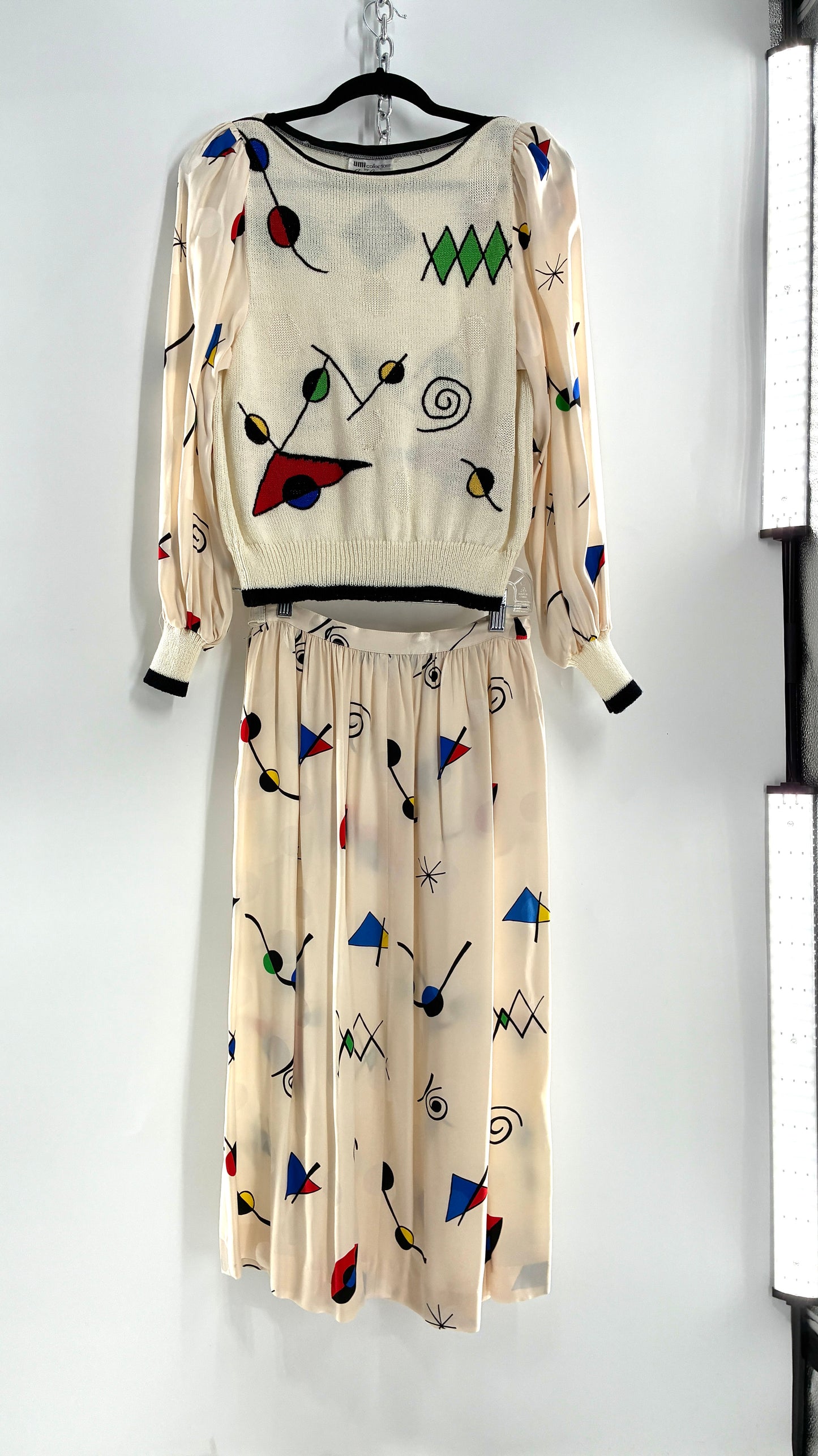 Vintage 1980s UMI collections by Anne Crimmins Off White 2 Piece Set with Abstract Embroidered Designs and 100% Silk Polka Dot Print Skirt (Medium Sweater, 8 Skirt)
