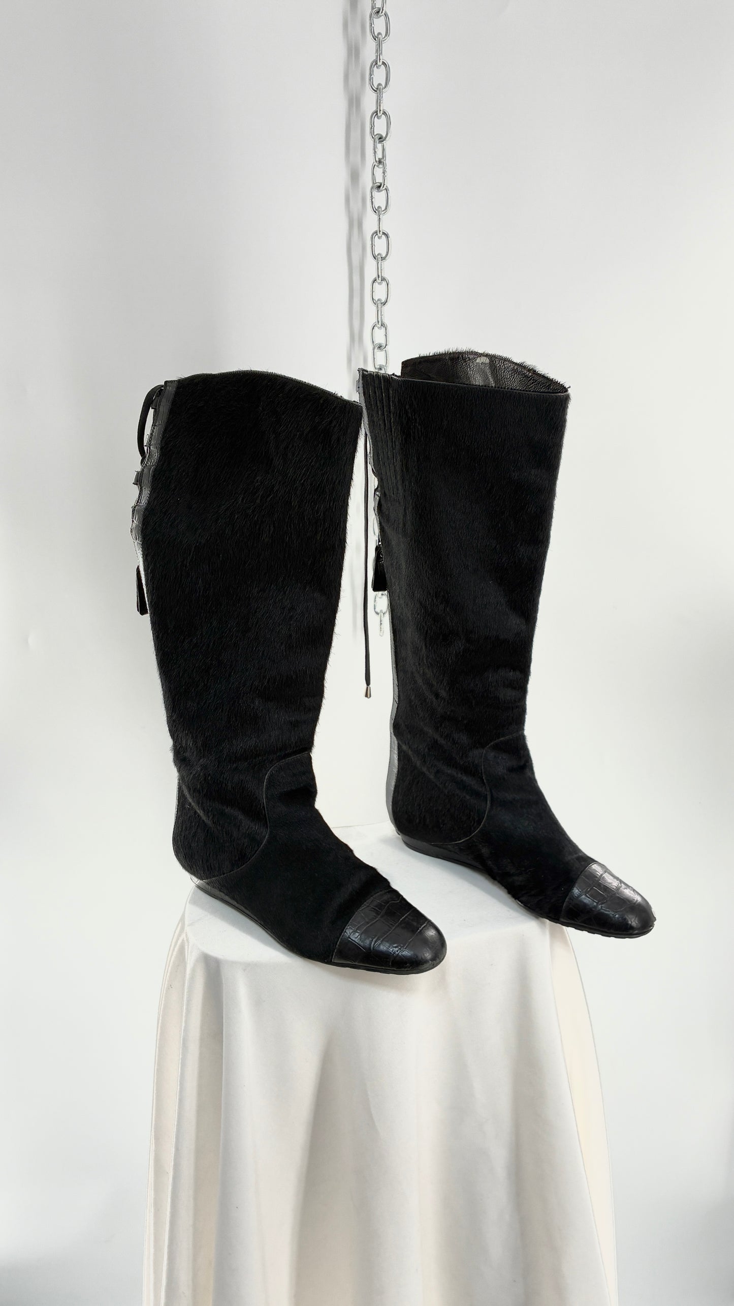 Vintage MIGLIORINI Black Genuine Calf Hair/Fur Boots with Heel, Made in Italy (7.5)