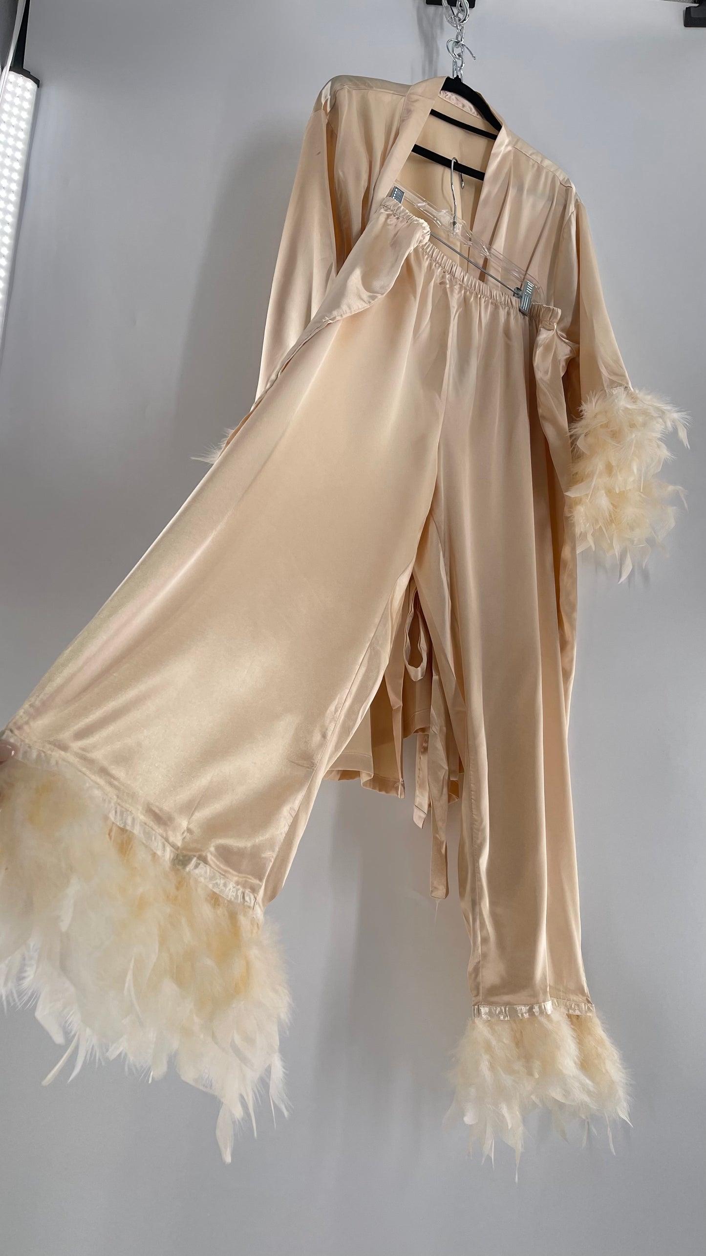 Champagne Satin Loungewear 2piece Set with Ostrich Feather Trim (3XL)