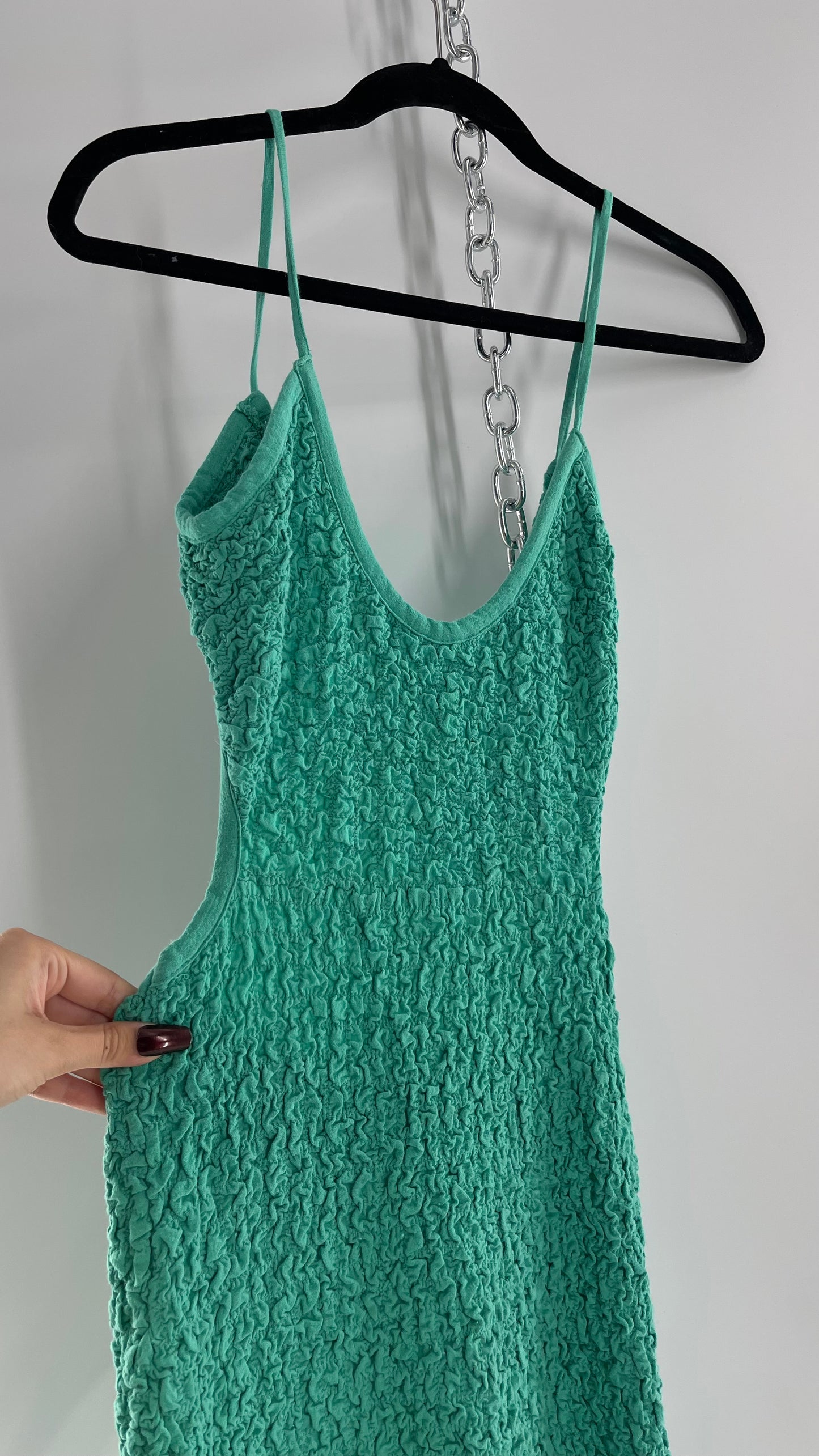 Free People Kelly Green Popcorn Maxi Dress with Low, Open Back Detail (XS)