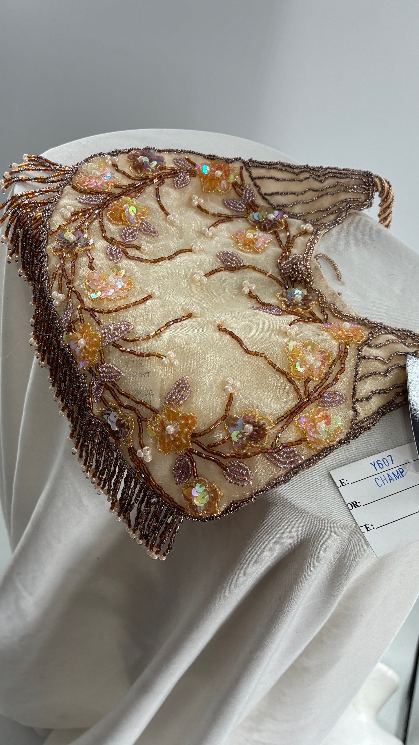 Vintage Deadstock Beige Beaded Fringe Purse with Embroidered Beaded Florals