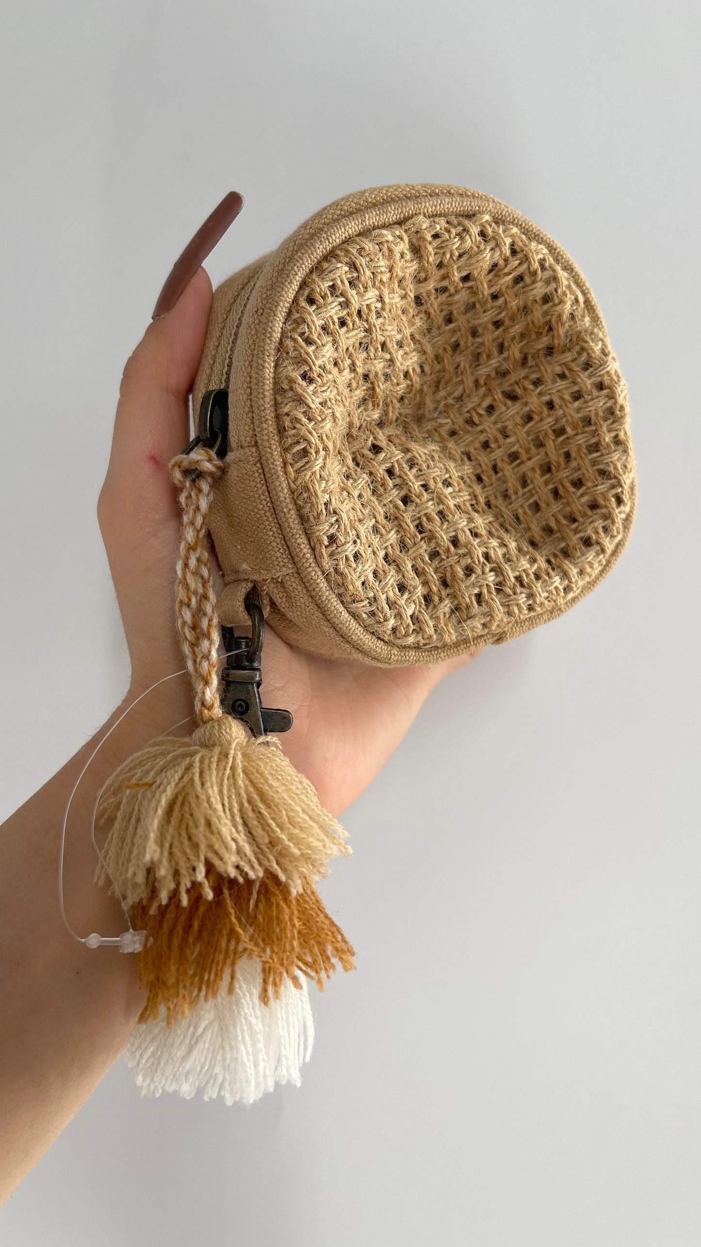 Free People Tan Woven Round Coin Purse with Tassel Keychain