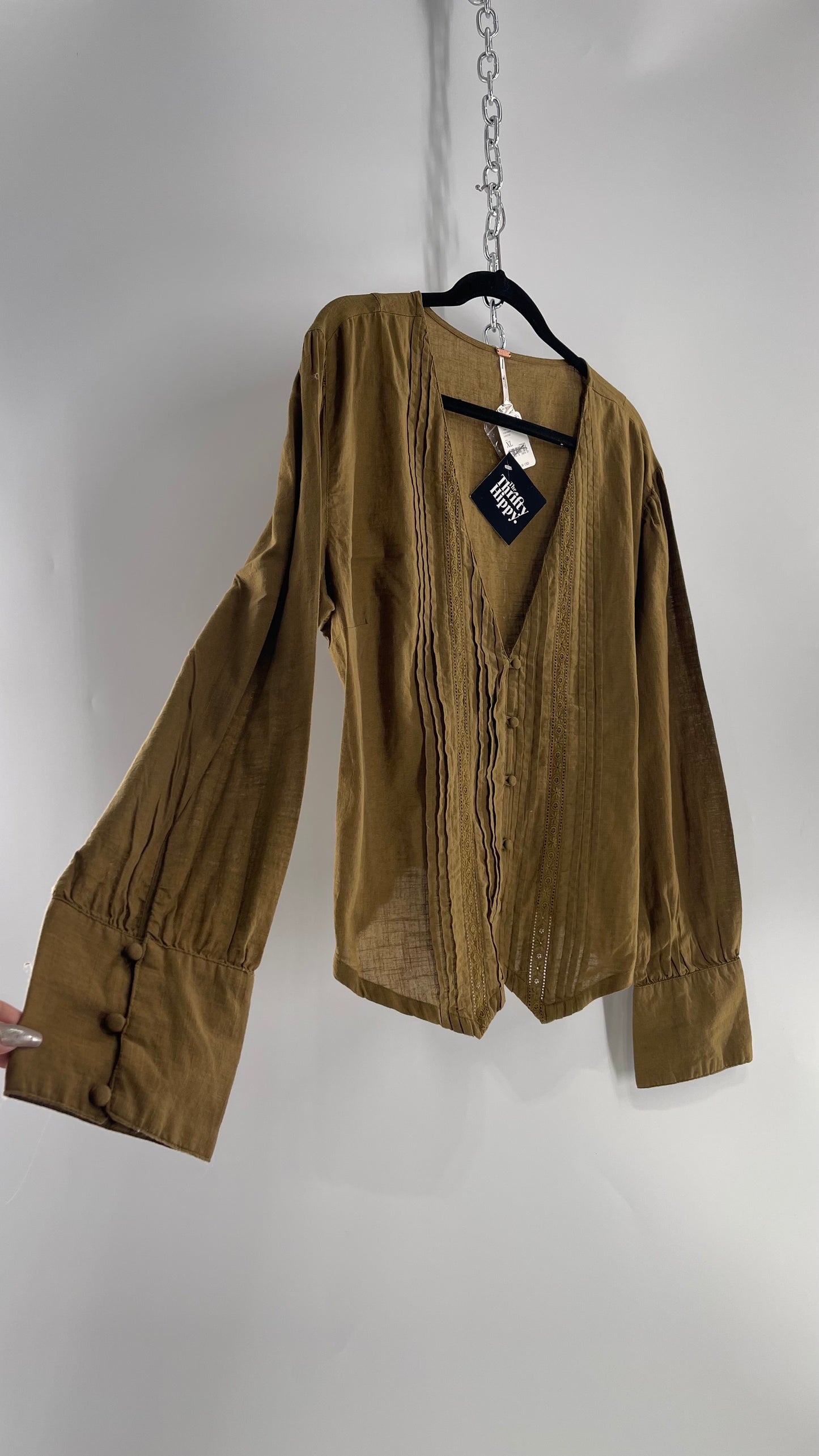 Free People Army Green Olive 100% Cotton Blouse with Pleats, Tie Back, Eyelet Lace Details, and Tags Attached (XL)