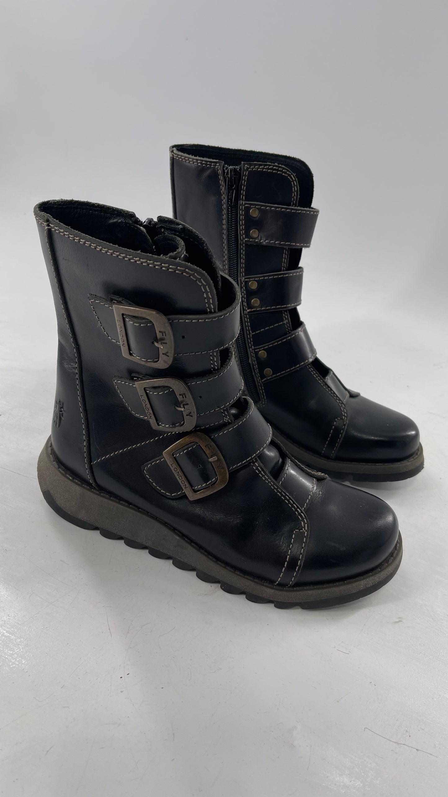 Fly London Black Zipper Side Biker Boot with Oversized Brass Buckles (38)