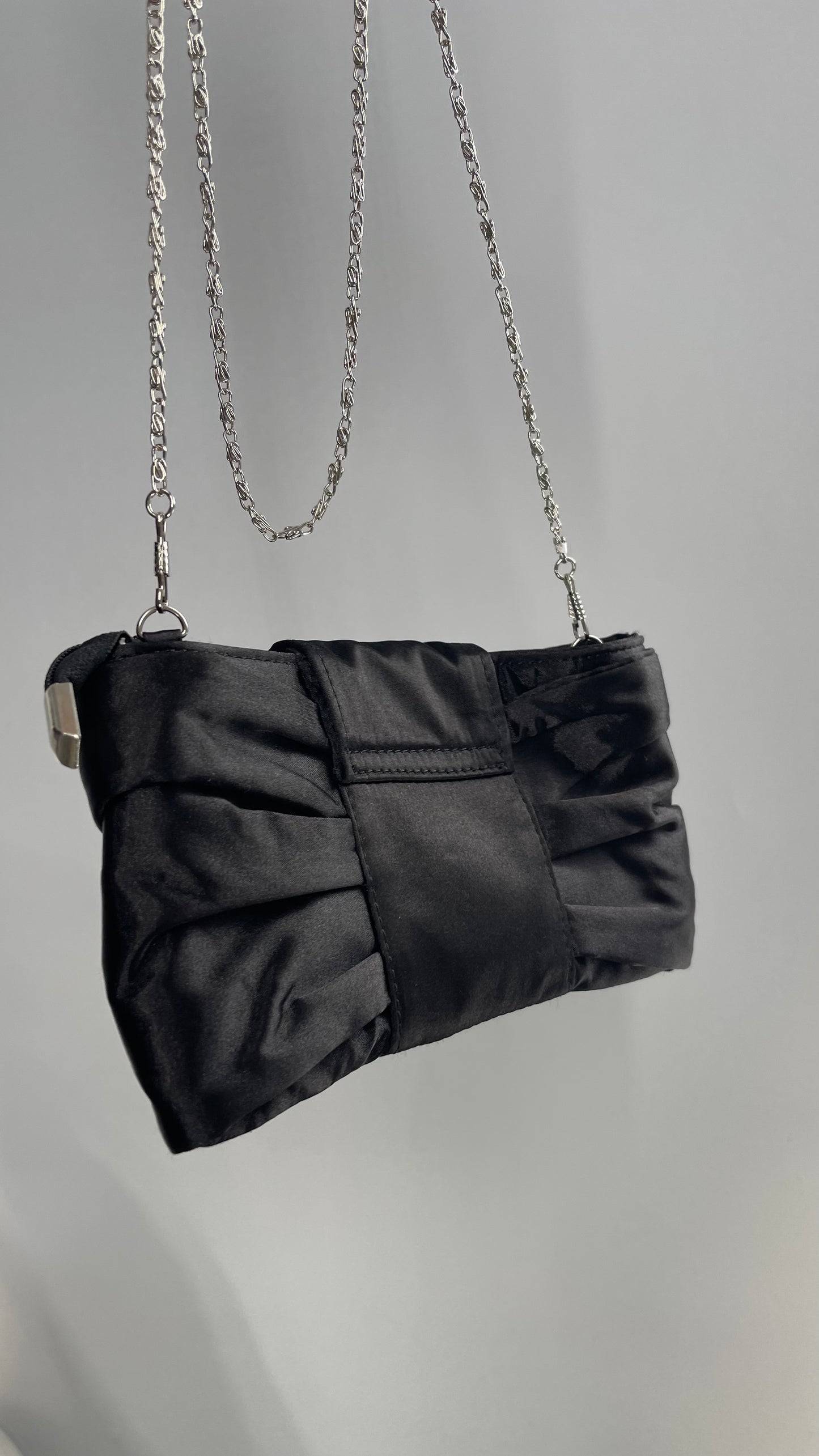 Vintage 1990s Black Satin Ruched Rhinestone Clutch Purse