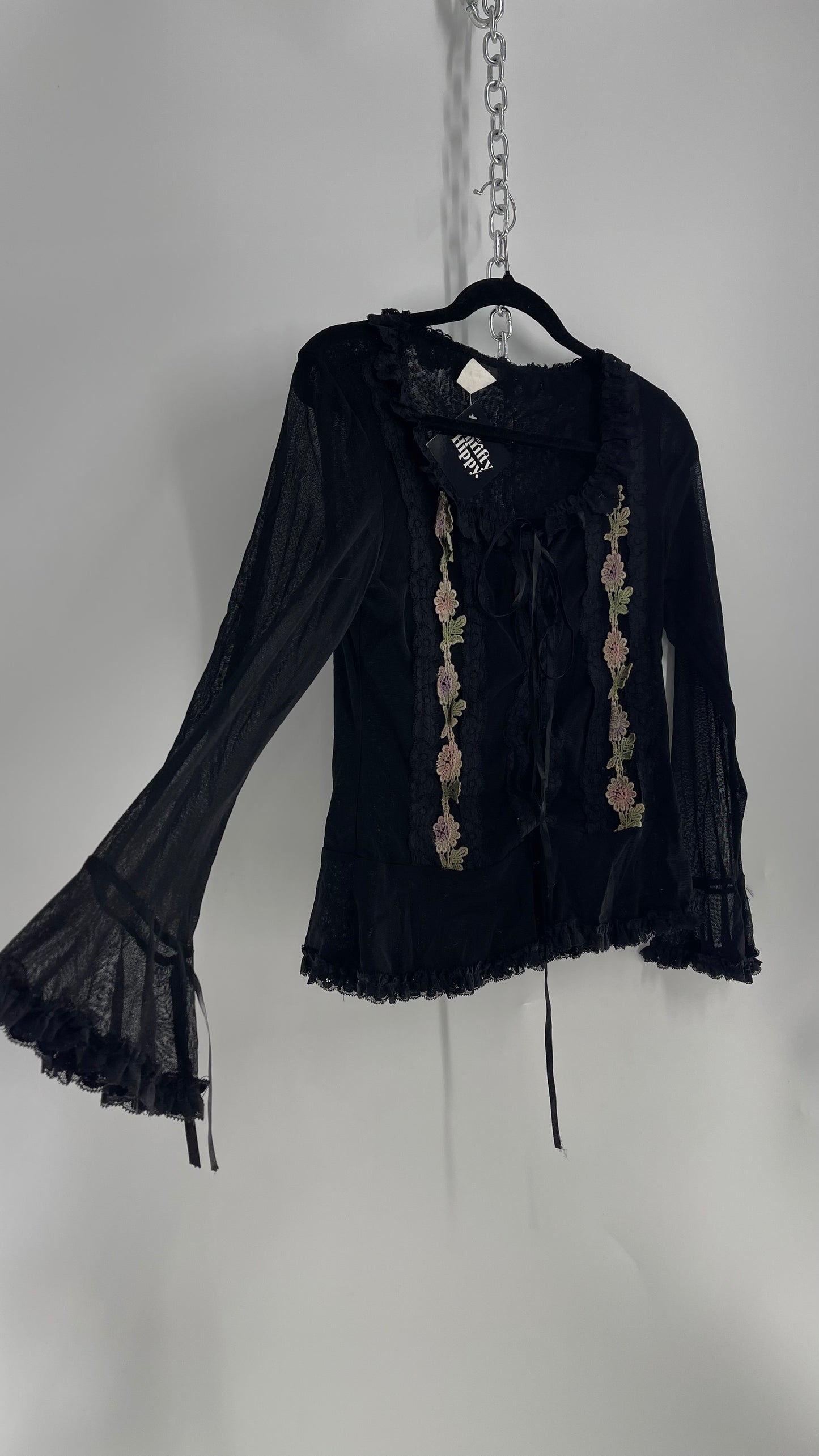 MICHEL Black Lace Up, Ruffle Lined Blouse with Floral Lace (Large)