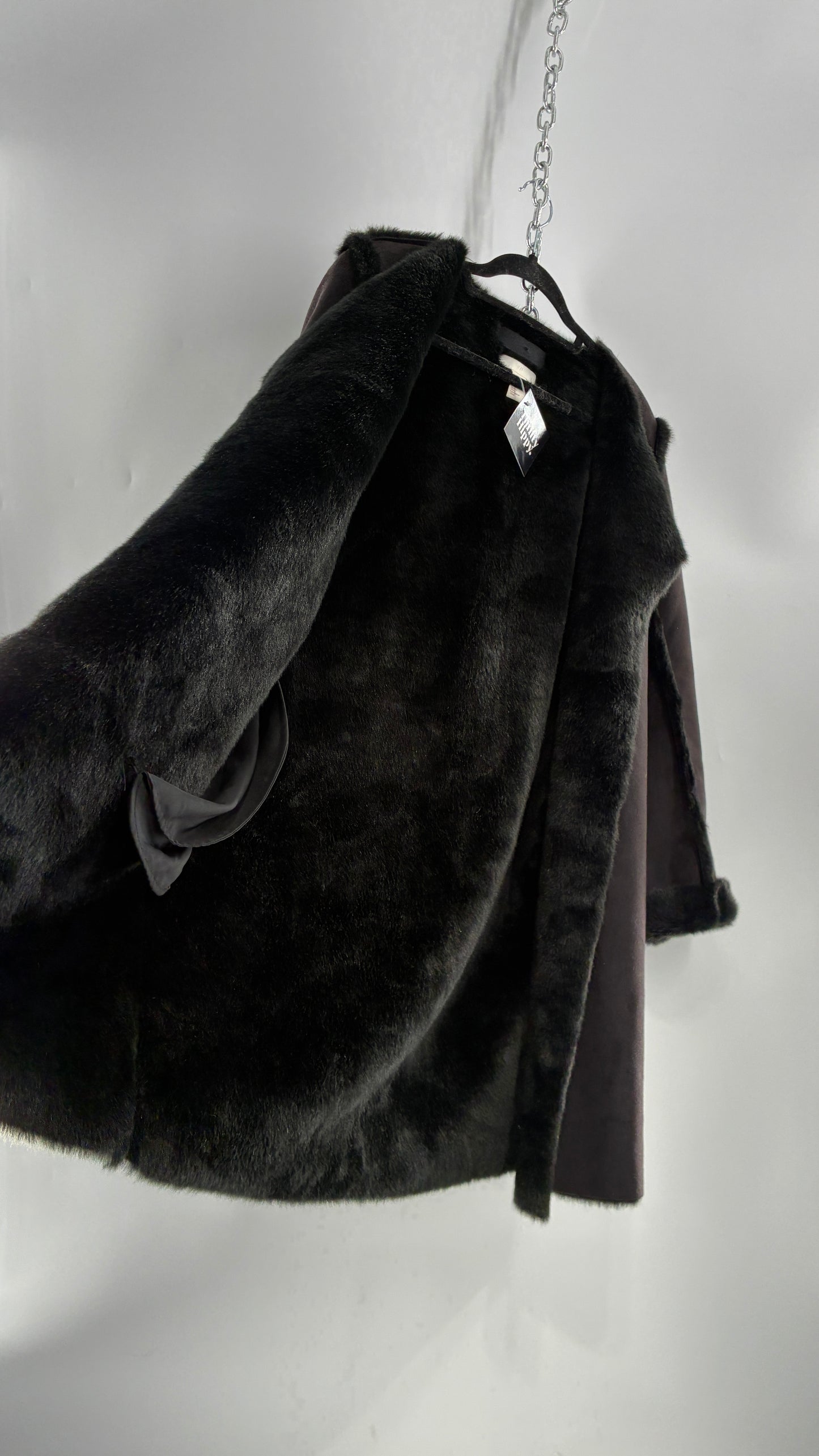 Vintage H&M Black Faux Suede Coat with Faux Fur Piping (12)