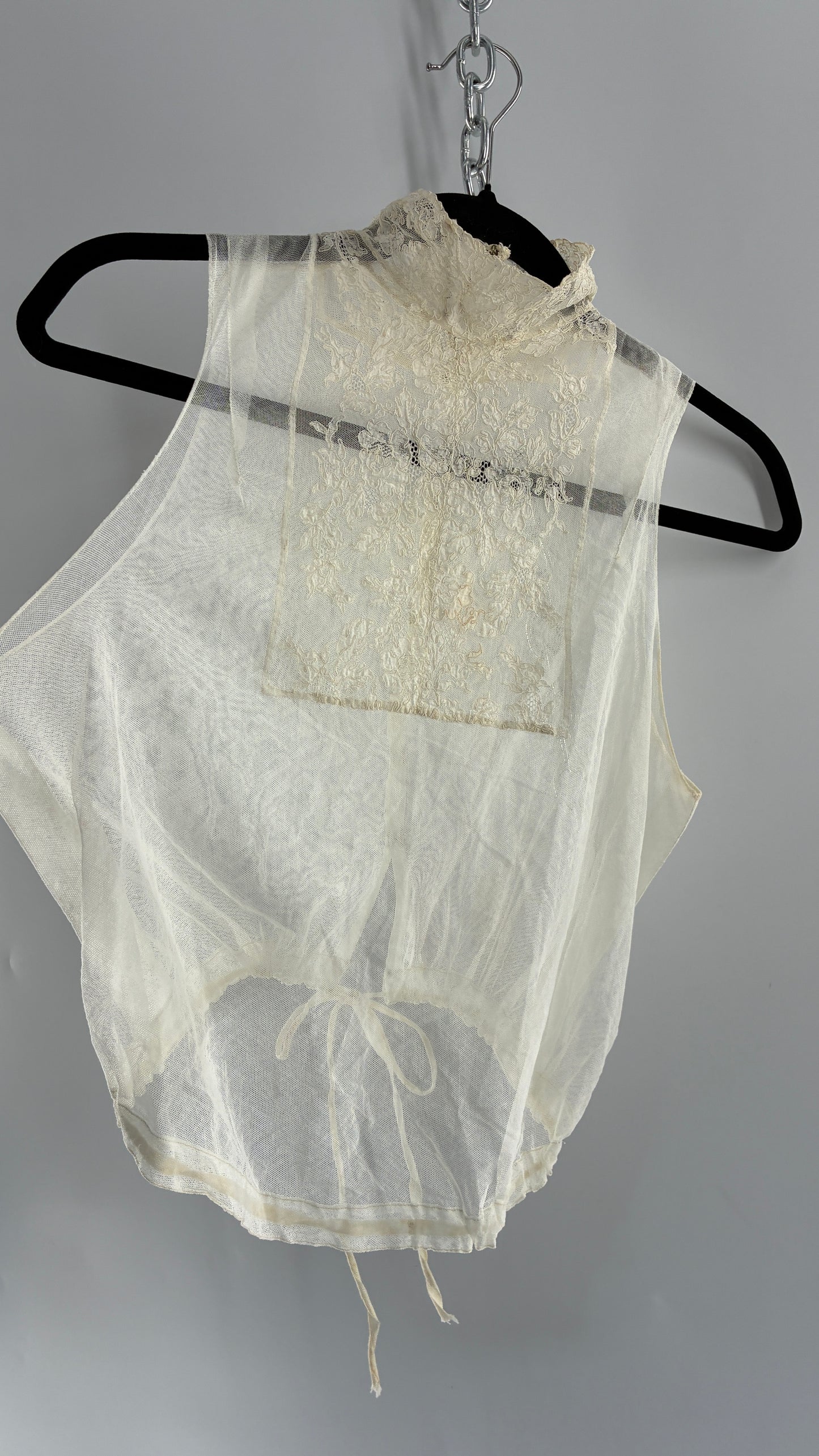 Vintage Antique Sheer Delicate Mesh, Mock Neck, Lace Paneled Camisole with Drawstring Waistline (XS/S)