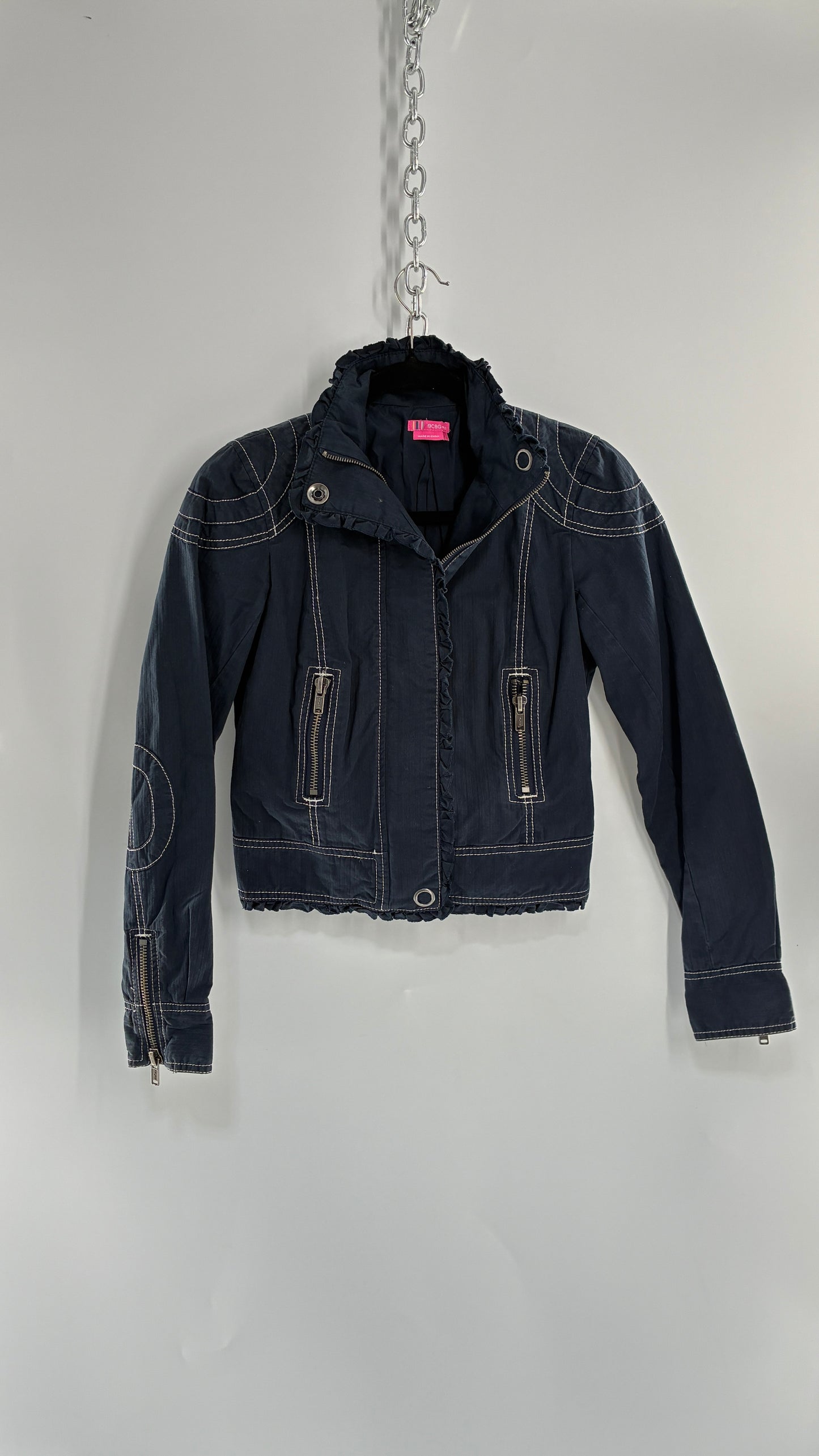 Vintage BCBGirls Navy Blue Canvas Jacket with White Stitching (2)