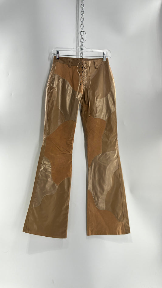 Vintage OUTER EDGE Patchwork Vegan Leather Kickflares with Tie Up Waistline (3)