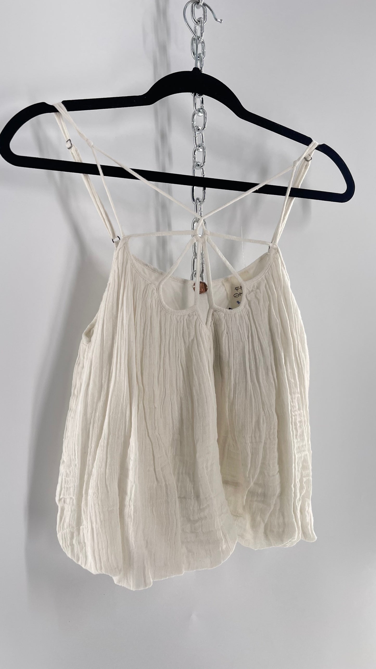 Free People White Cotton Bubble Sleeveless Blouse with Strappy Neckline (M)