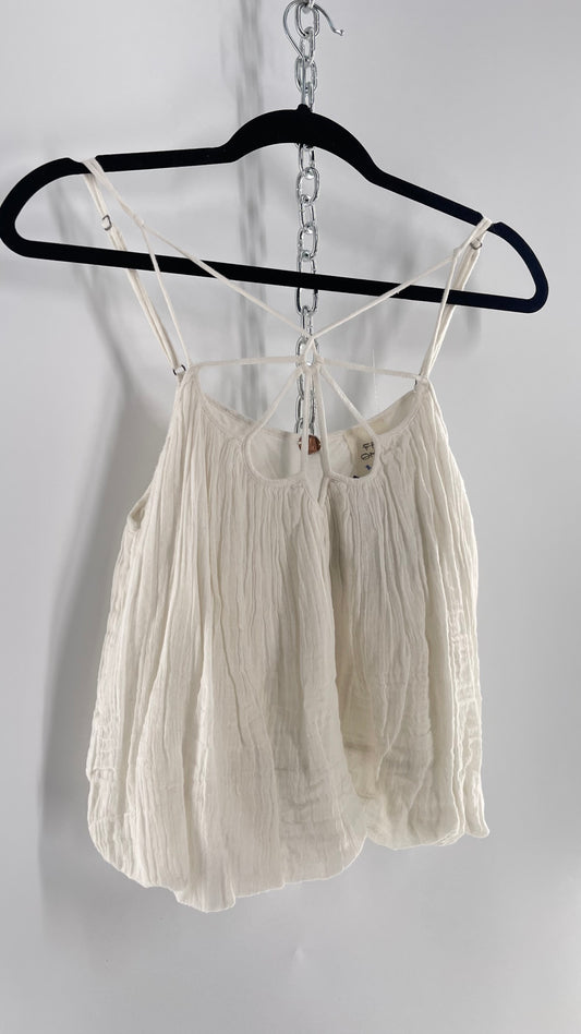 Free People White Cotton Bubble Sleeveless Blouse with Strappy Neckline (M)