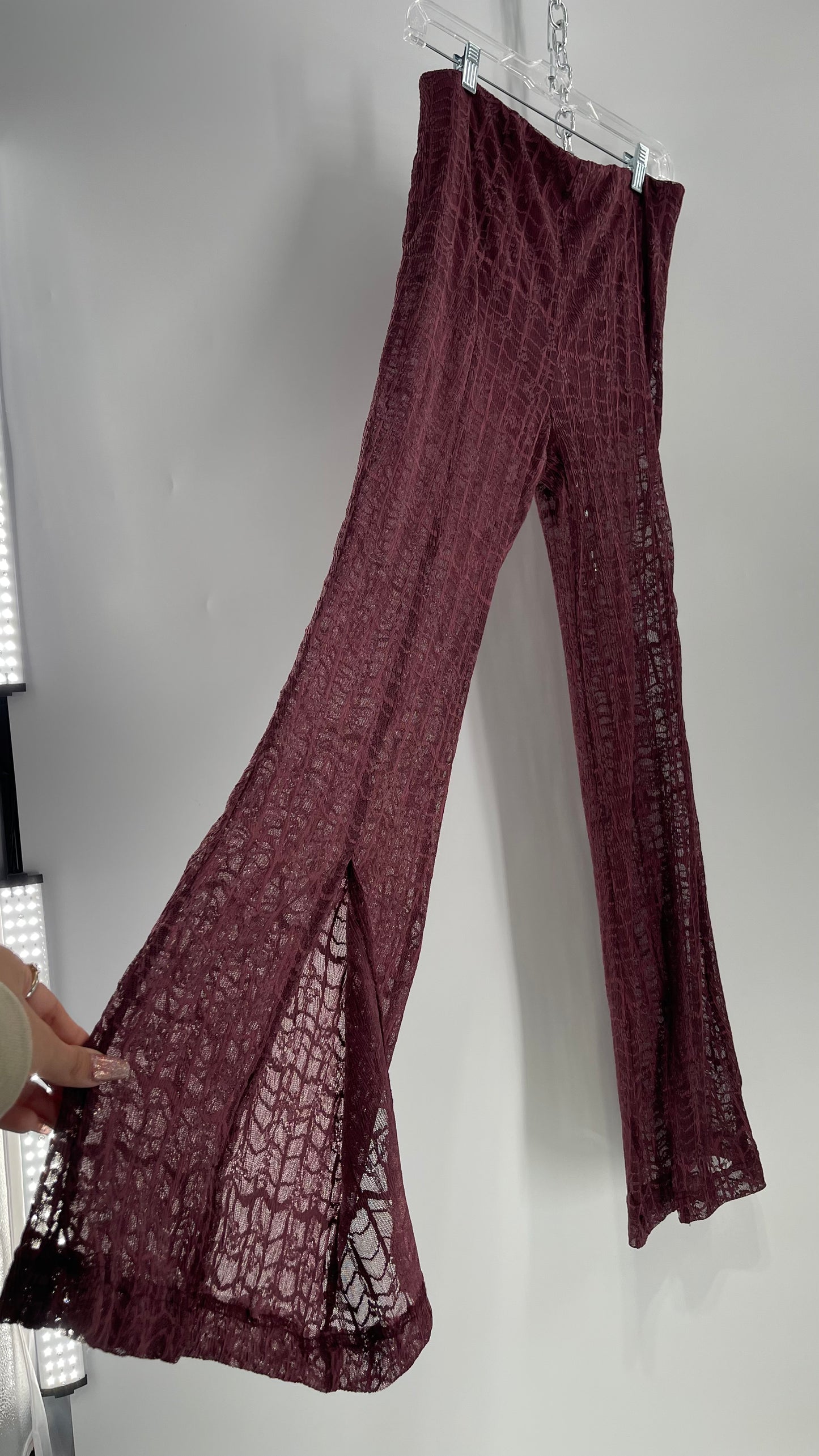 Free People Plum Lace Flares with Vented Hem and Sewn in Shorts Tags Attached (Medium)