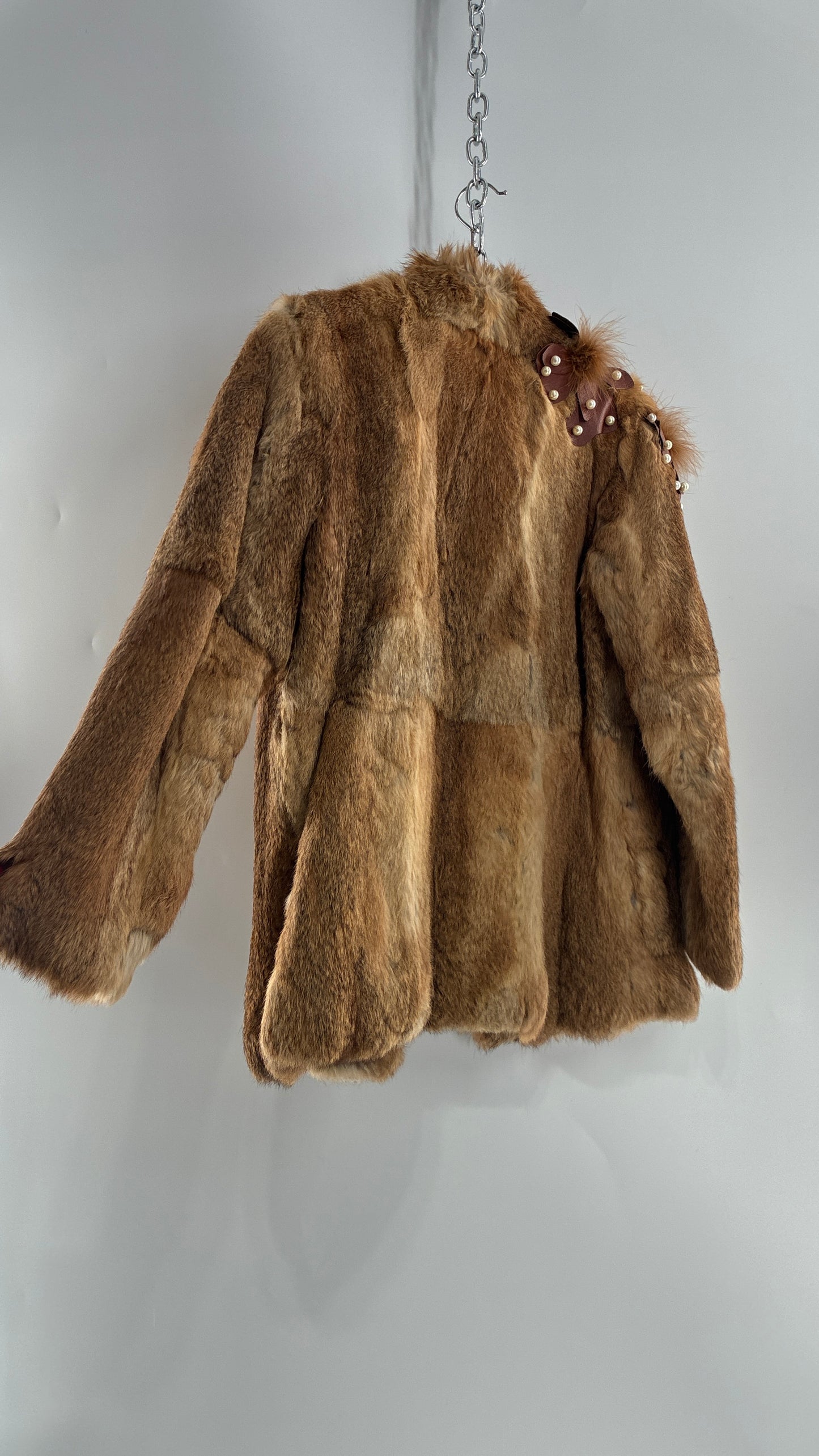 Vintage OPERA Montreal New York Genuine Fur Coat with Pearl Embellished Leather Flower Appliqués (Medium)
