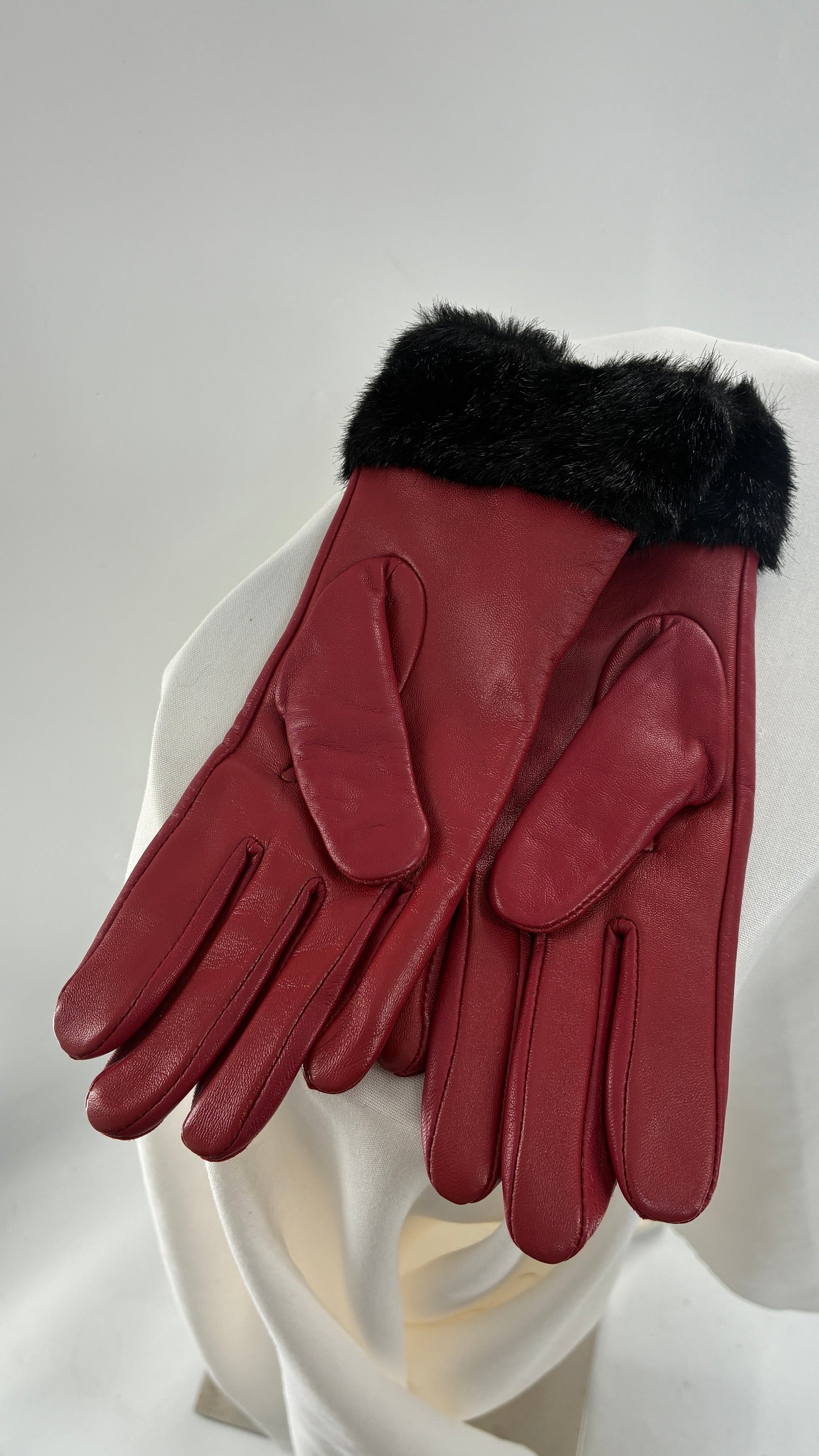Vintage Red Leather Gloves with Faux Fur Trim
