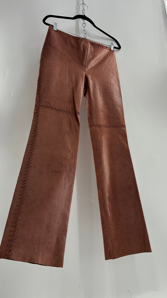 Vintage Embossed Paisley Patterned Genuine Leather Pants with Stitching Details (No Label Unbranded, S)