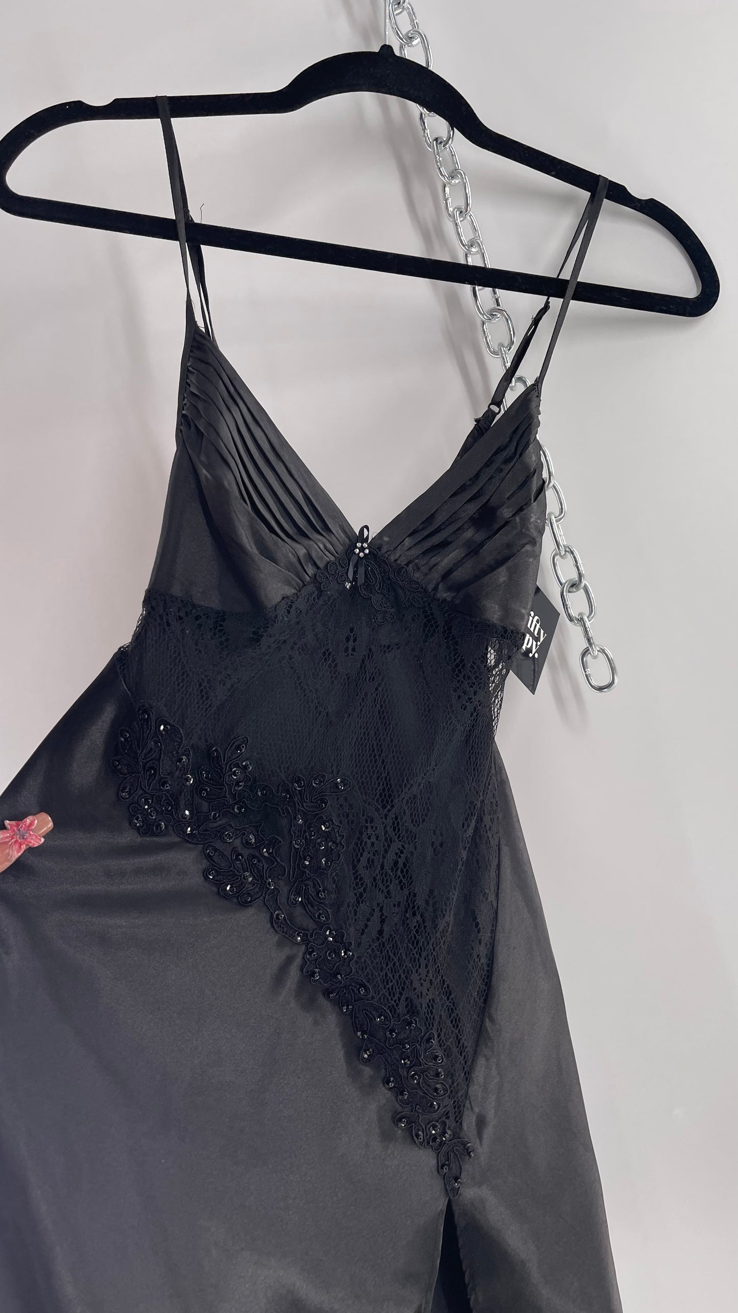 La Vie en Rose Black Silky Slip Mini Dress with Lace Cut Out, Pleated Bust and Beaded Lace Appliqué (XS)