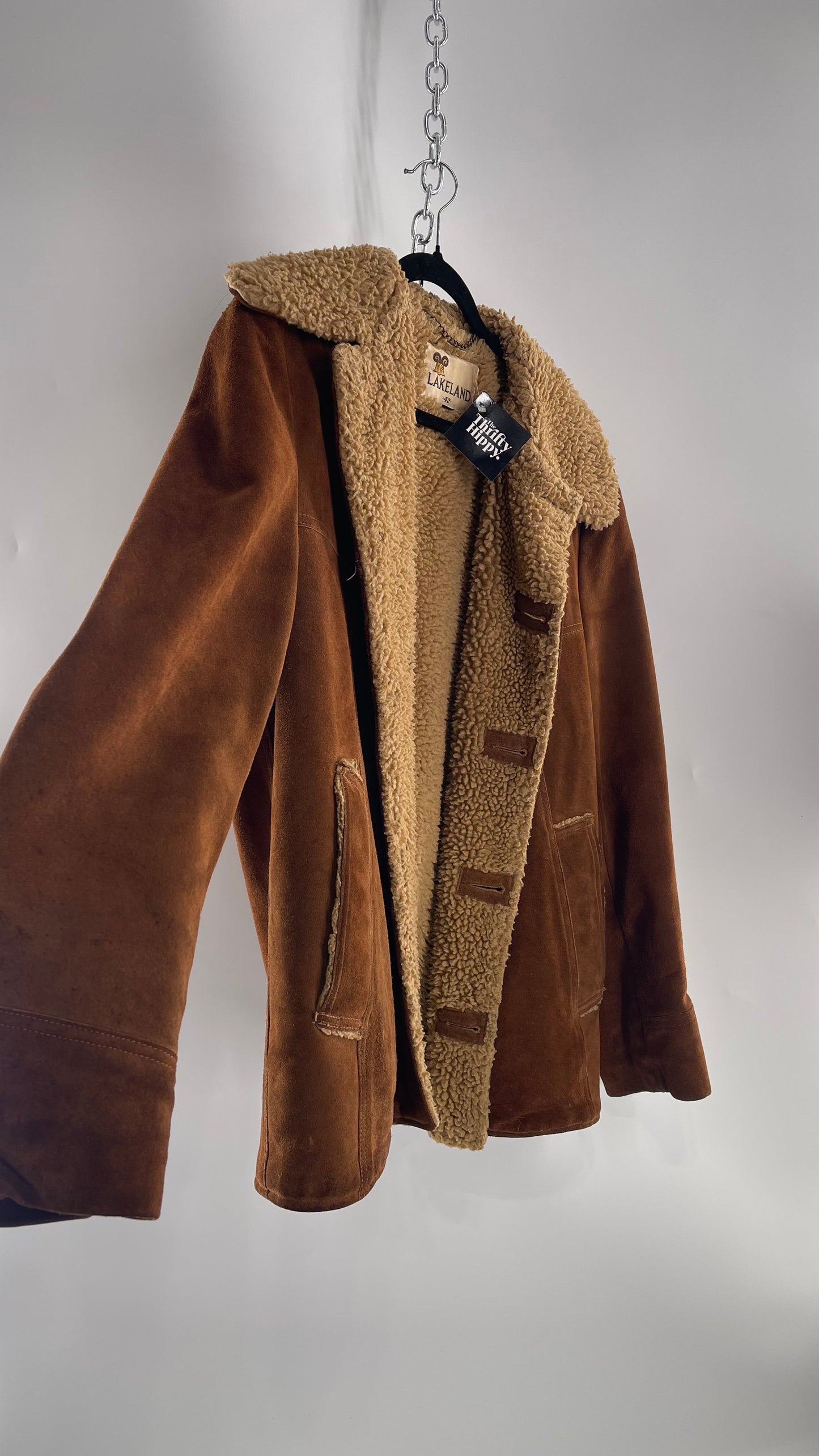 Vintage Heavy Duty Genuine Suede Leather Coat with Teddy Sherpa Lining (C) (Large/42)