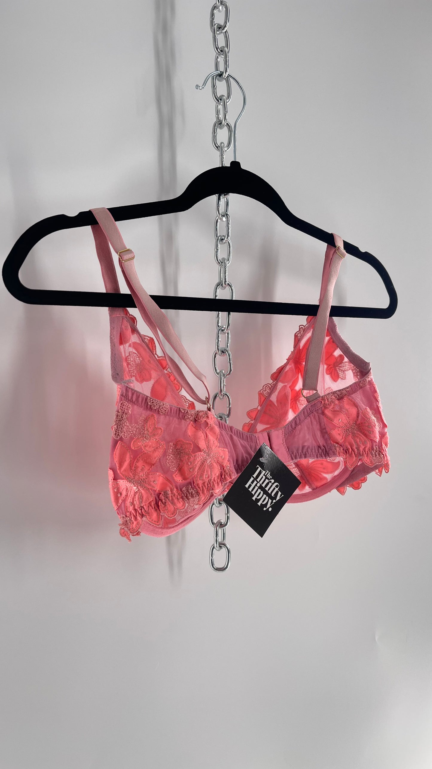 Vintage Victorias Secret Neon Pink Mesh Bra with Floral Appliqués (36DDD)