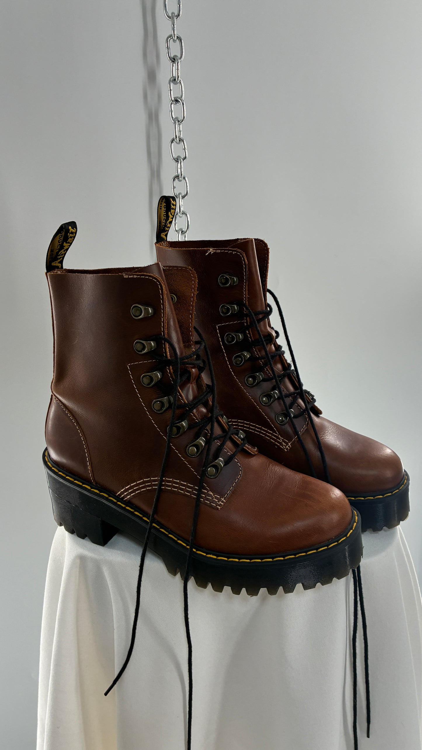 DR. MARTENS Leona Saddle Leather Platform Boots (9L)