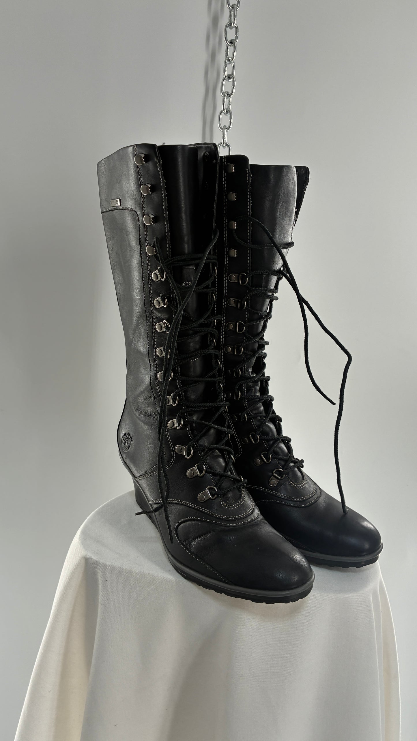 Vintage TIMBERLAND Black Genuine Leather Wedge Boots (10)