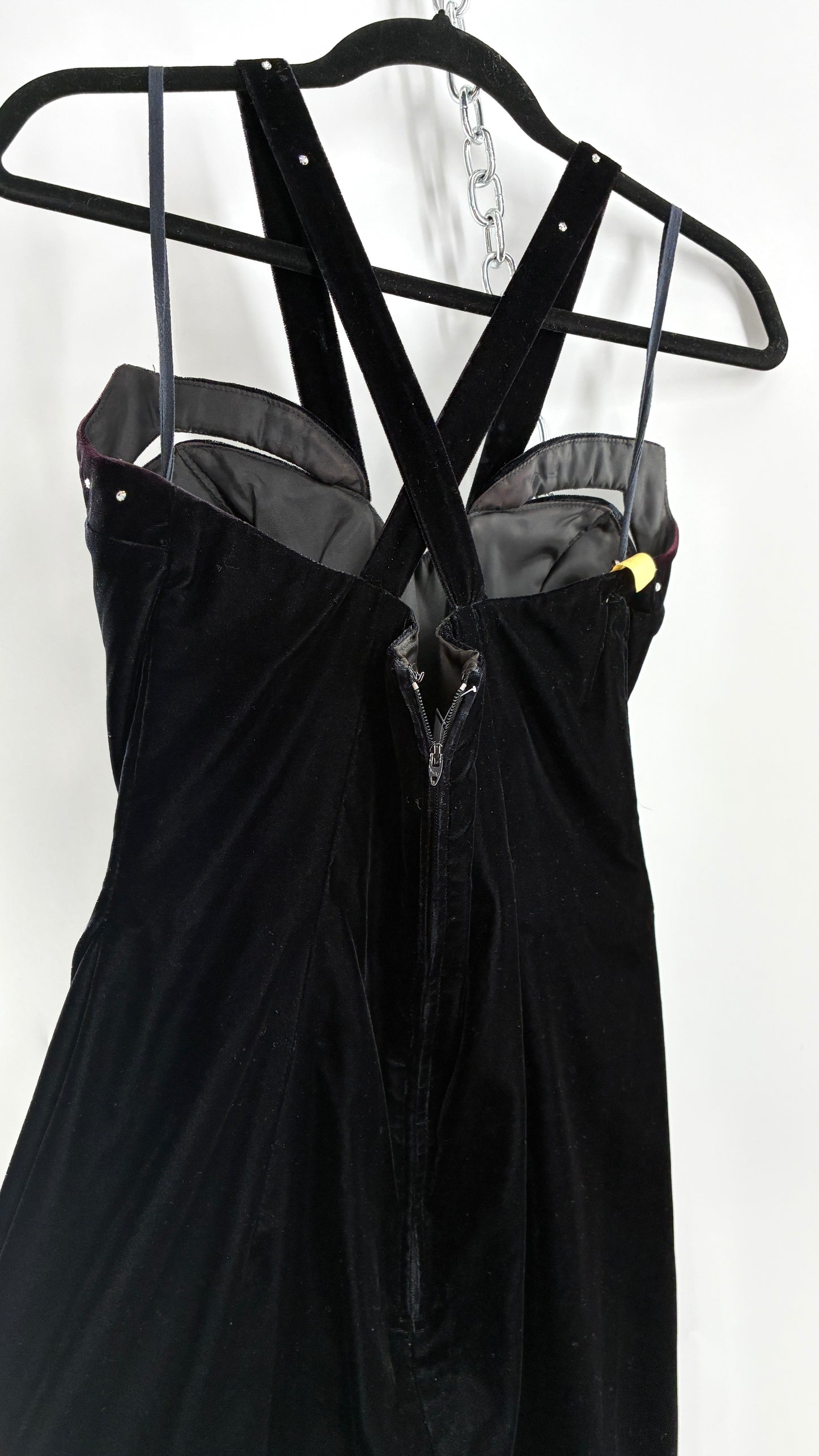 Vintage Handmade Velvet Gown with Pointed Bust Lined in Rhinestones and Dramatic Side Slit (S/M)