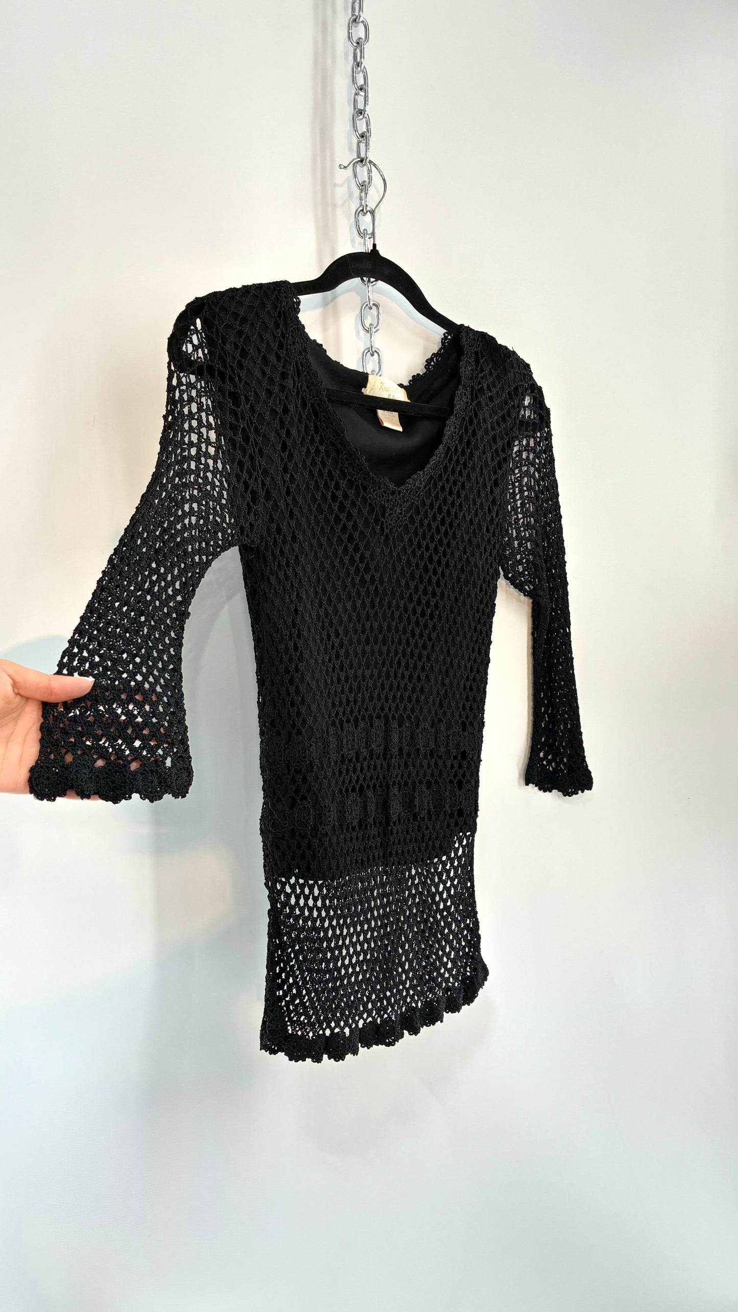 Vintage KROSHETTA by PAPILLON  Black Crochet Quarter Sleeve Blouse (Medium)