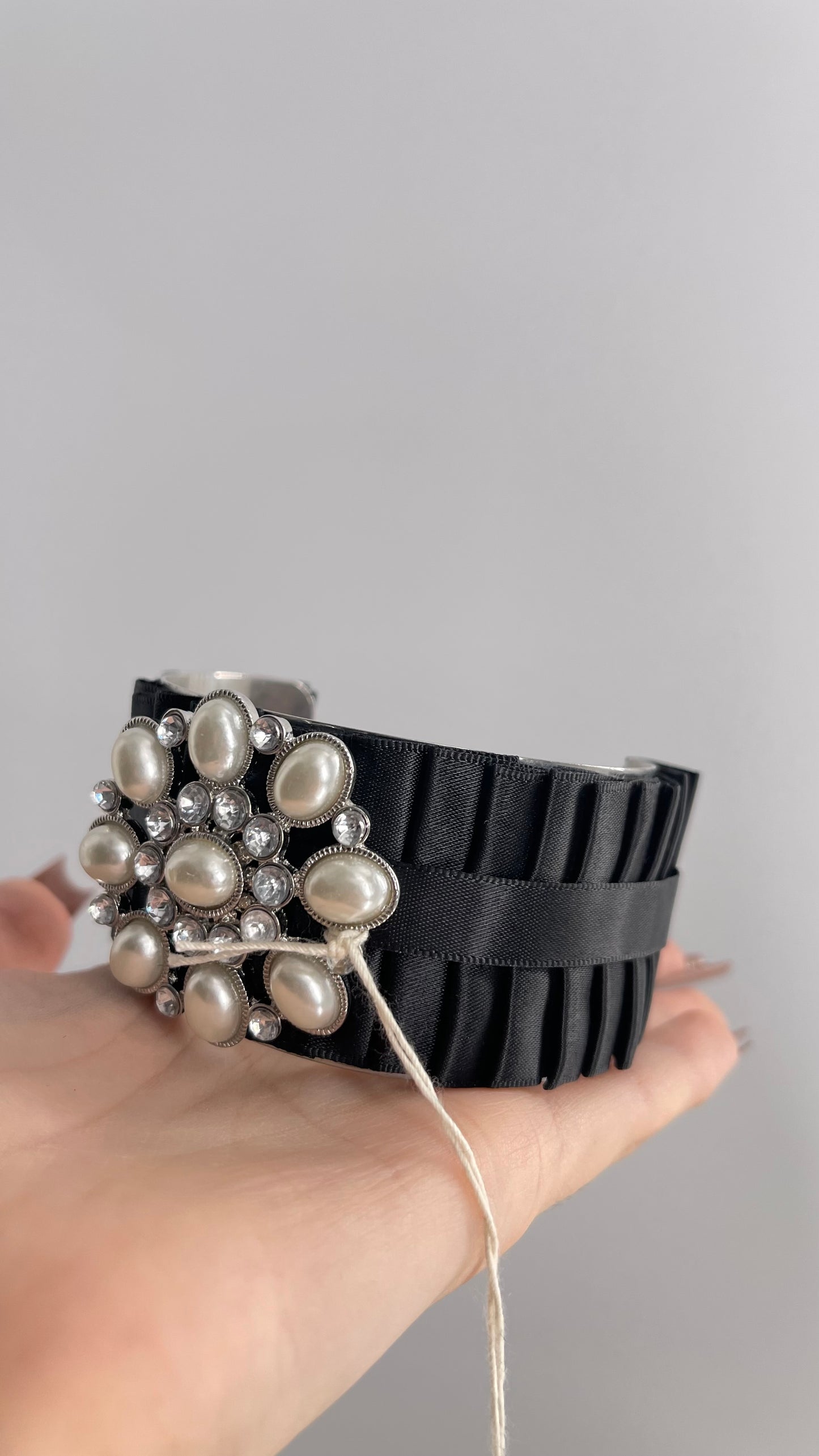 Vintage Black Pearl Ribbon Adjustable Bracelet, Arm Cuff