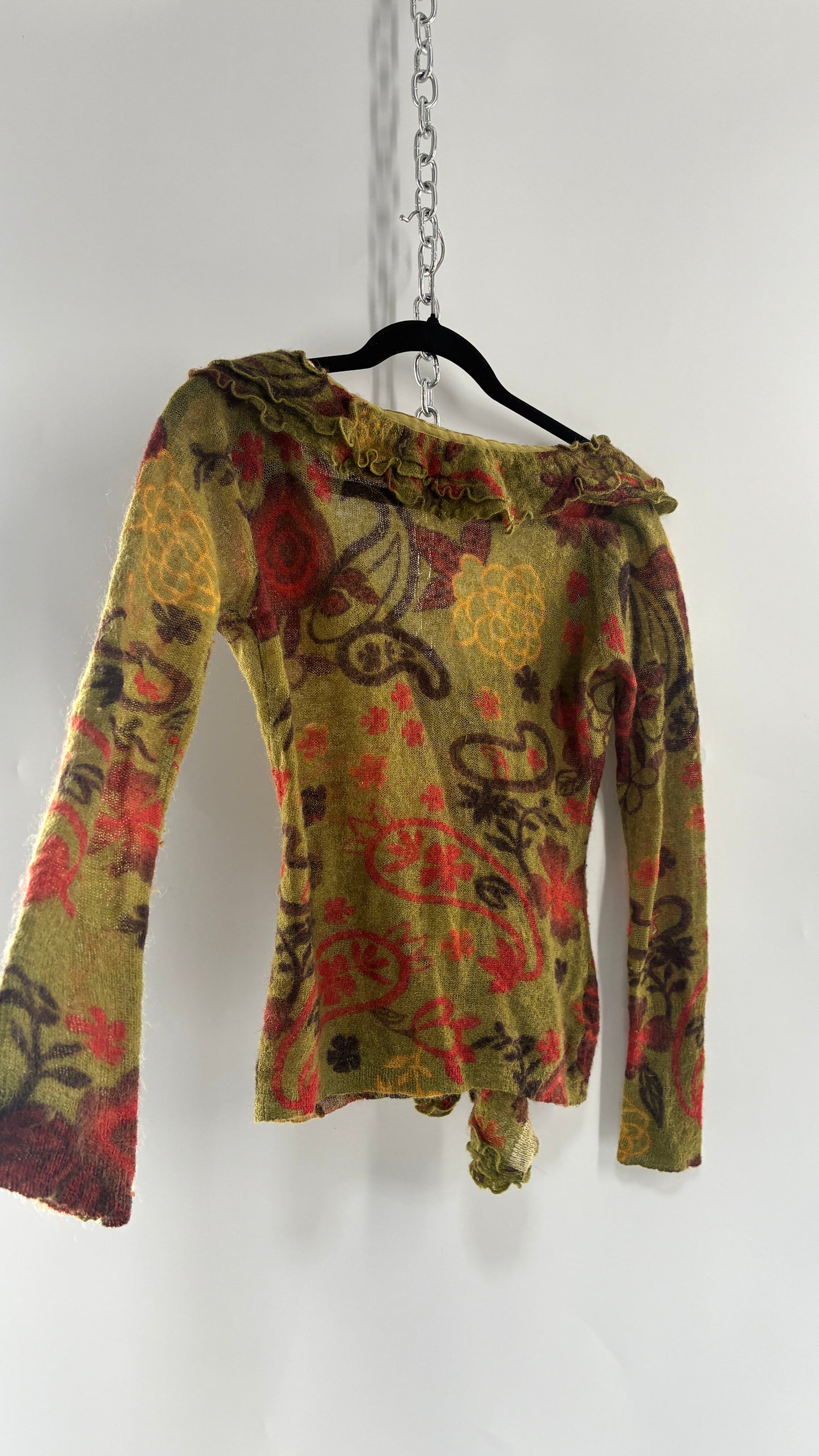 Vintage Green Paisley Mohair/Merino Wool Blend Long Sleeve with Bust Clasp and Ruffled Design (Medium)